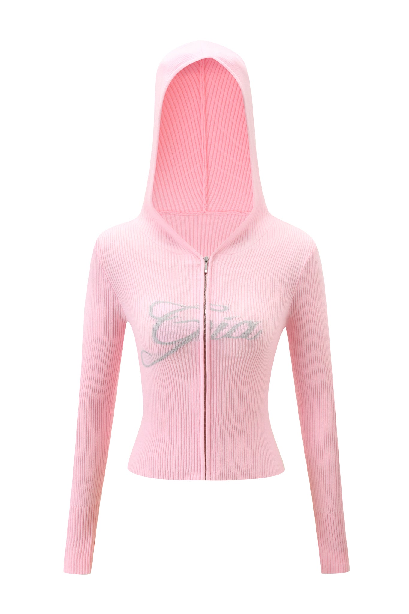 The BLARE KNIT HOODIE - PINK by I.AM.GIA features a light pink ribbed knit, hood, long sleeves, zip-up front, and "Gia" in cursive on the chest. Displayed on a plain white background.