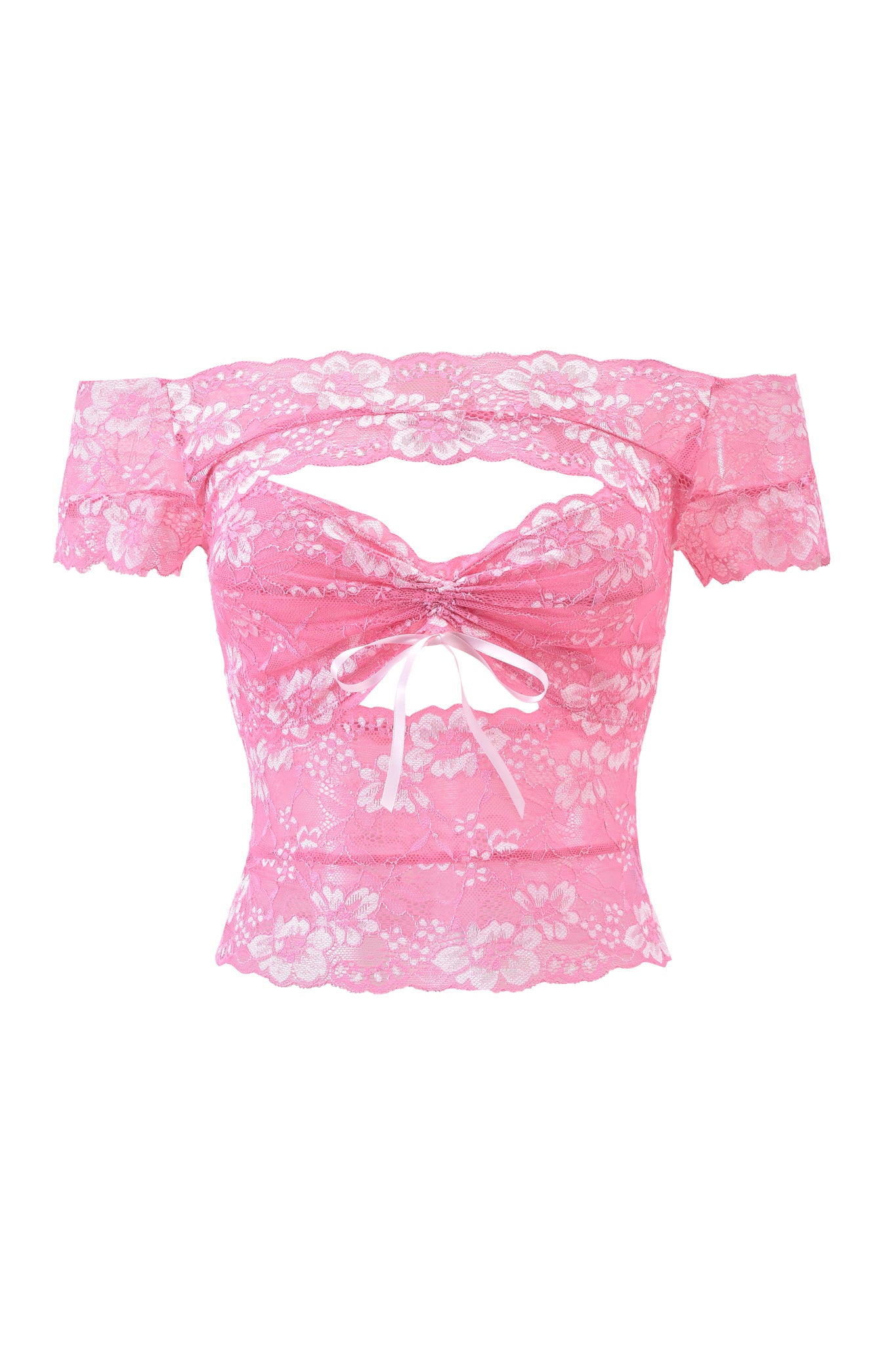 The CRYSTAL TOP - PINK by I.AM.GIA is a pink off-the-shoulder crop top with stretch lace, short sleeves, a sweetheart neckline, front bow tie, and delicate floral lace detailing.