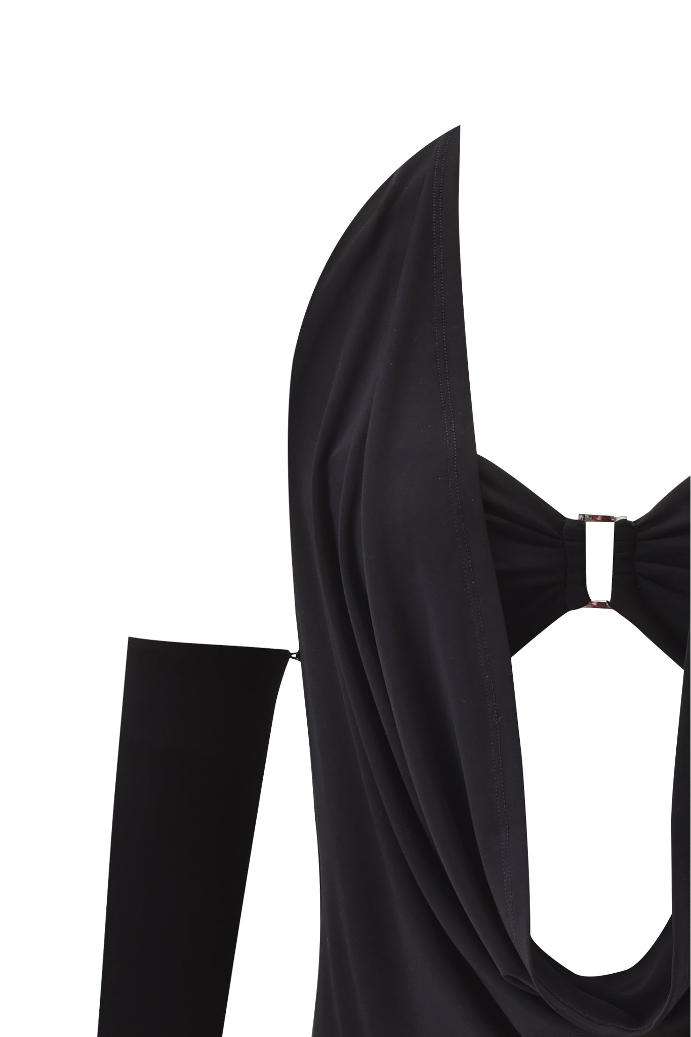 Close-up of the I.AM.GIA DREW 3 PIECE TOP in black, featuring a draped, sleeveless design with a low cowl neckline, open back, and metallic rectangular detail connecting the fabric. Shown against a plain white background.