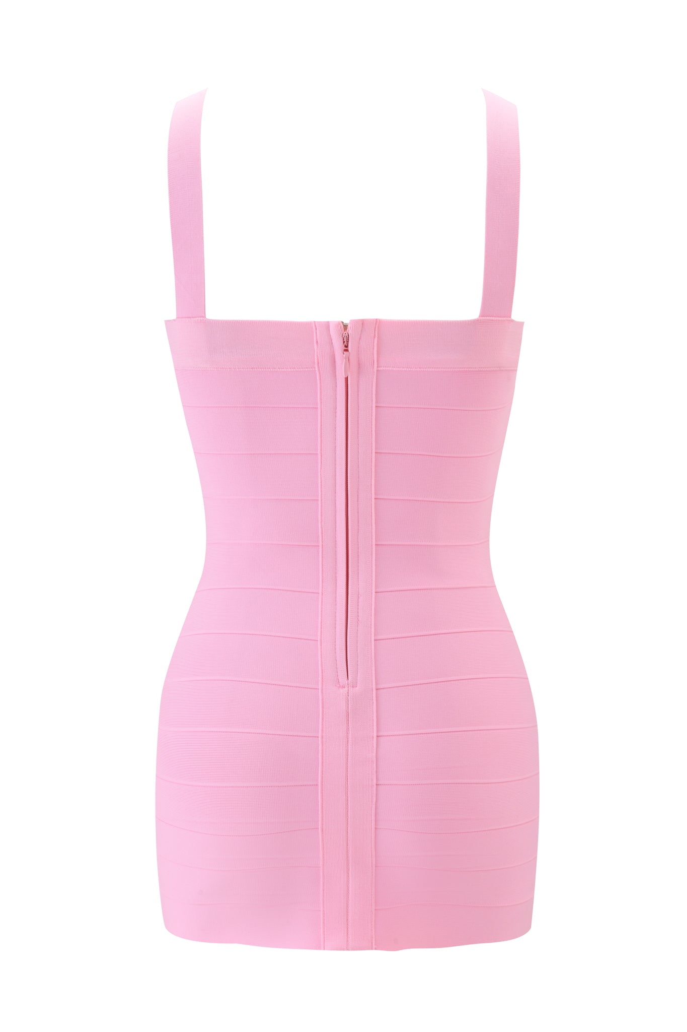 The VESPERA BANDAGE MINI DRESS by I.AM.GIA is a baby pink, form-fitting mini dress with wide shoulder straps, a visible central back zipper, and horizontal panel detailing for a sleek look.