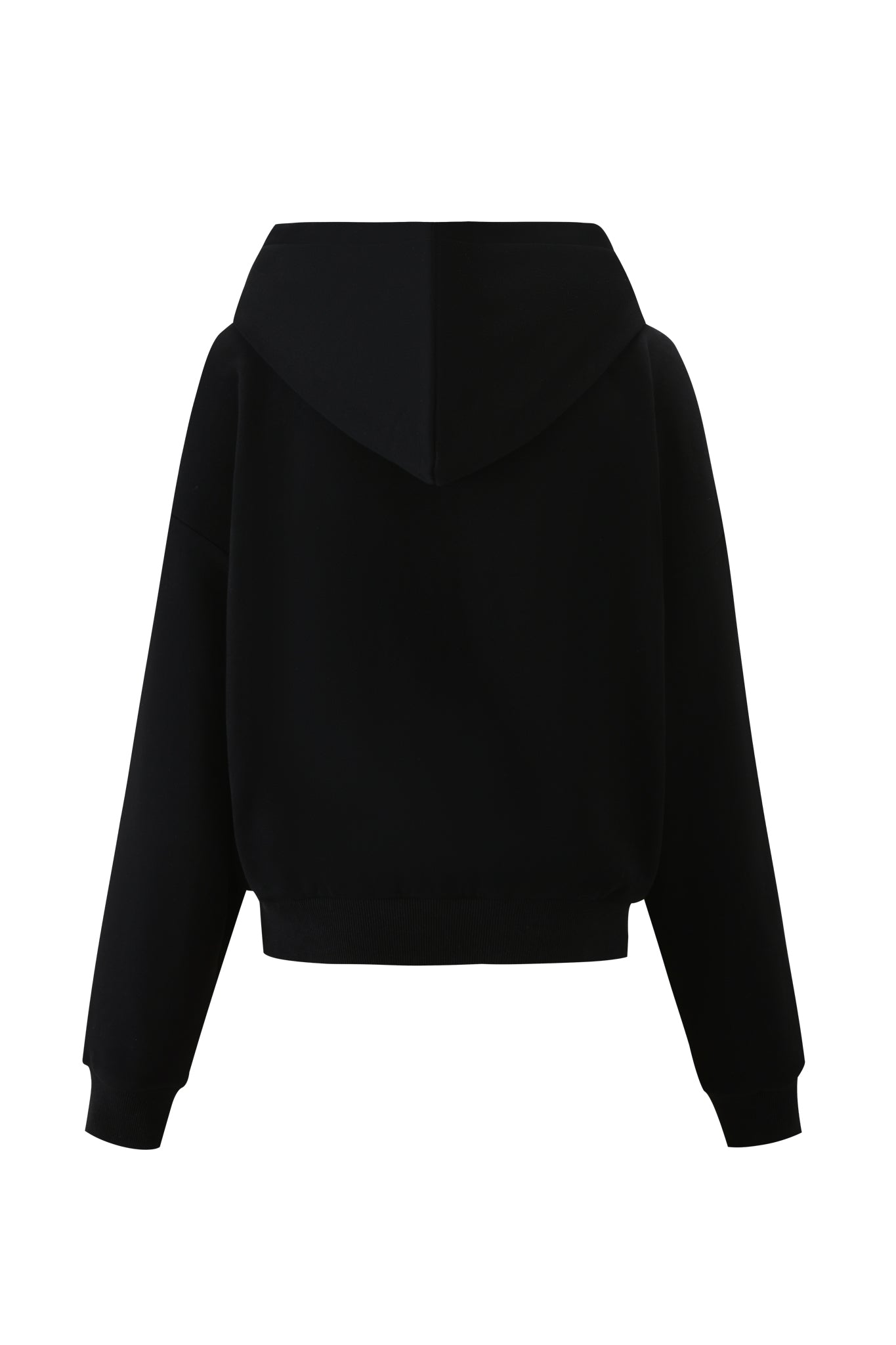 The FAFI HOODIE - BLACK by I.AM.GIA is displayed from the back against a white background, featuring an oversized fit with long sleeves, plus ribbed cuffs and hem.