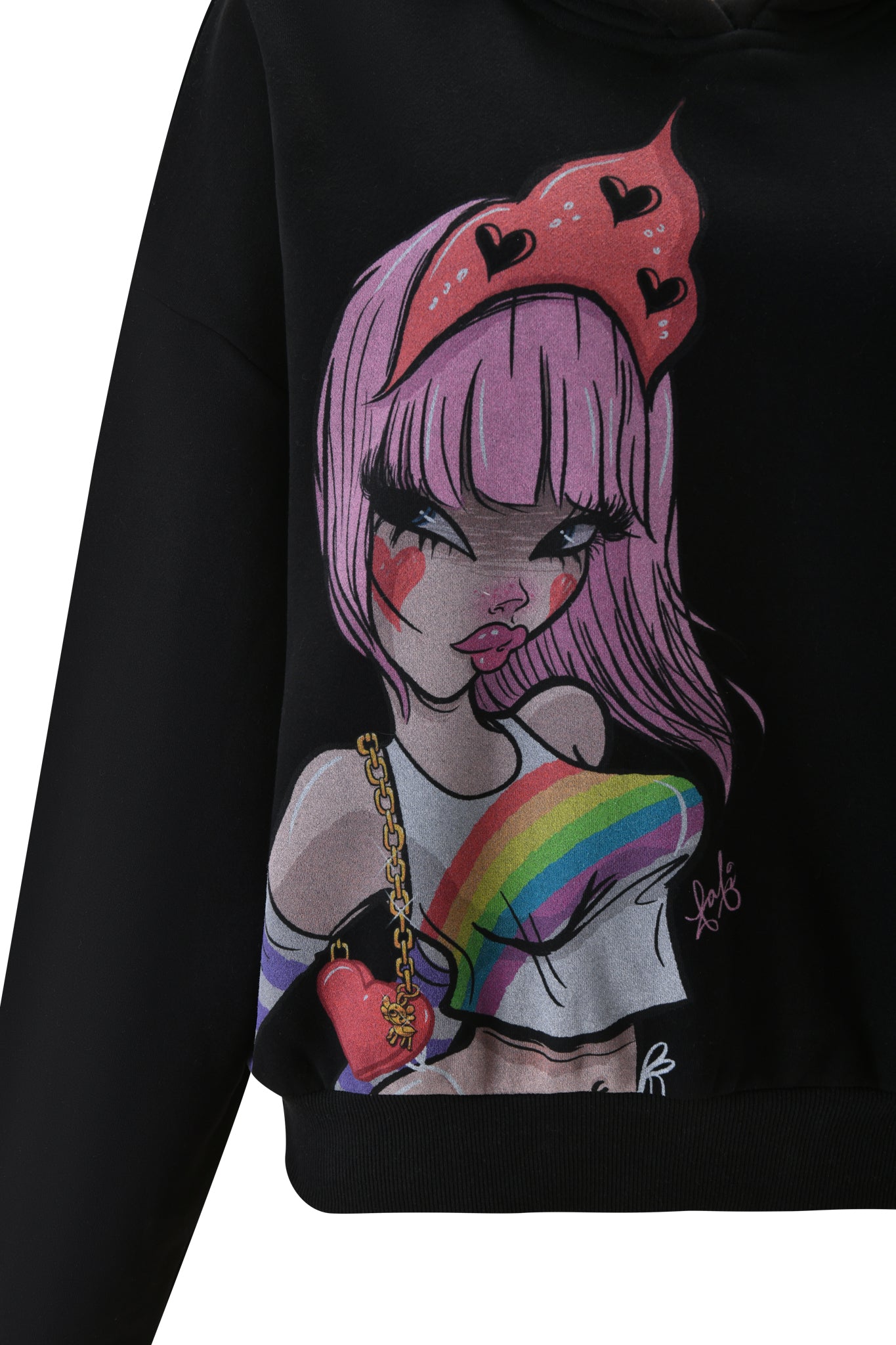 The FAFI HOODIE - BLACK by I.AM.GIA features an illustrated girl with pink hair, heart headband, rainbow-striped top, heart face paint, bold makeup, and a gold heart charm—part of our exclusive FAFI collaboration.