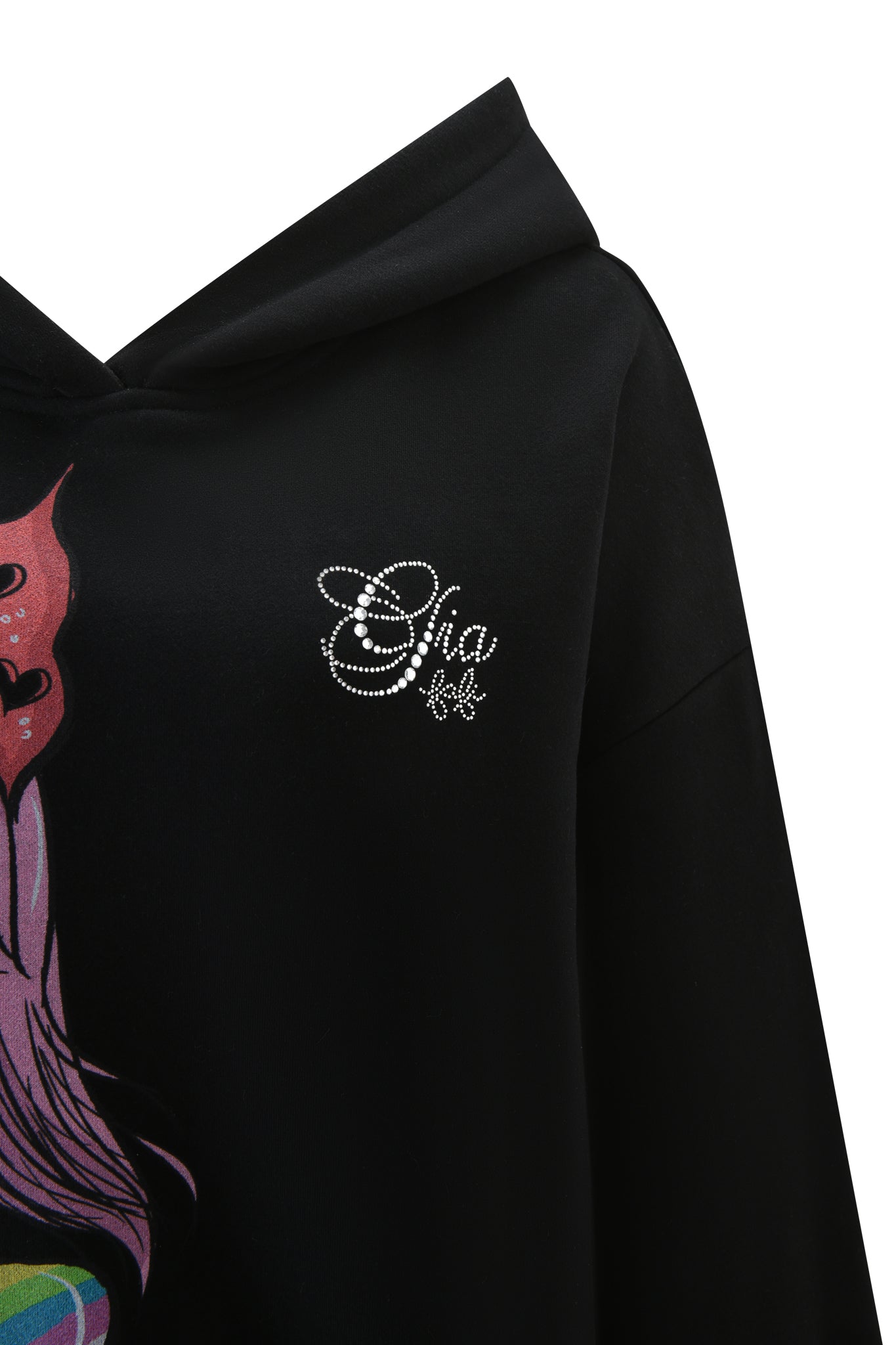 Close-up of the I.AM.GIA FAFI HOODIE - BLACK, featuring "chas bok" diamanté detailing on the chest, a small motif, and a peek at a bold graphic on the side, highlighting its unique FAFI collaboration.