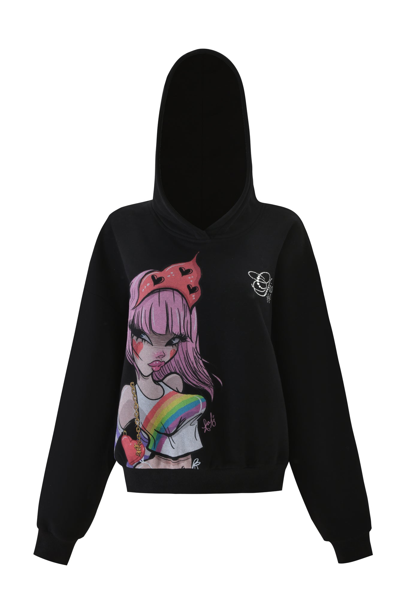The FAFI HOODIE - BLACK by I.AM.GIA is an oversized hoodie with a colorful anime-inspired graphic of a girl with pink hair, red horns, and a rainbow heart, designed in collaboration with FAFI.