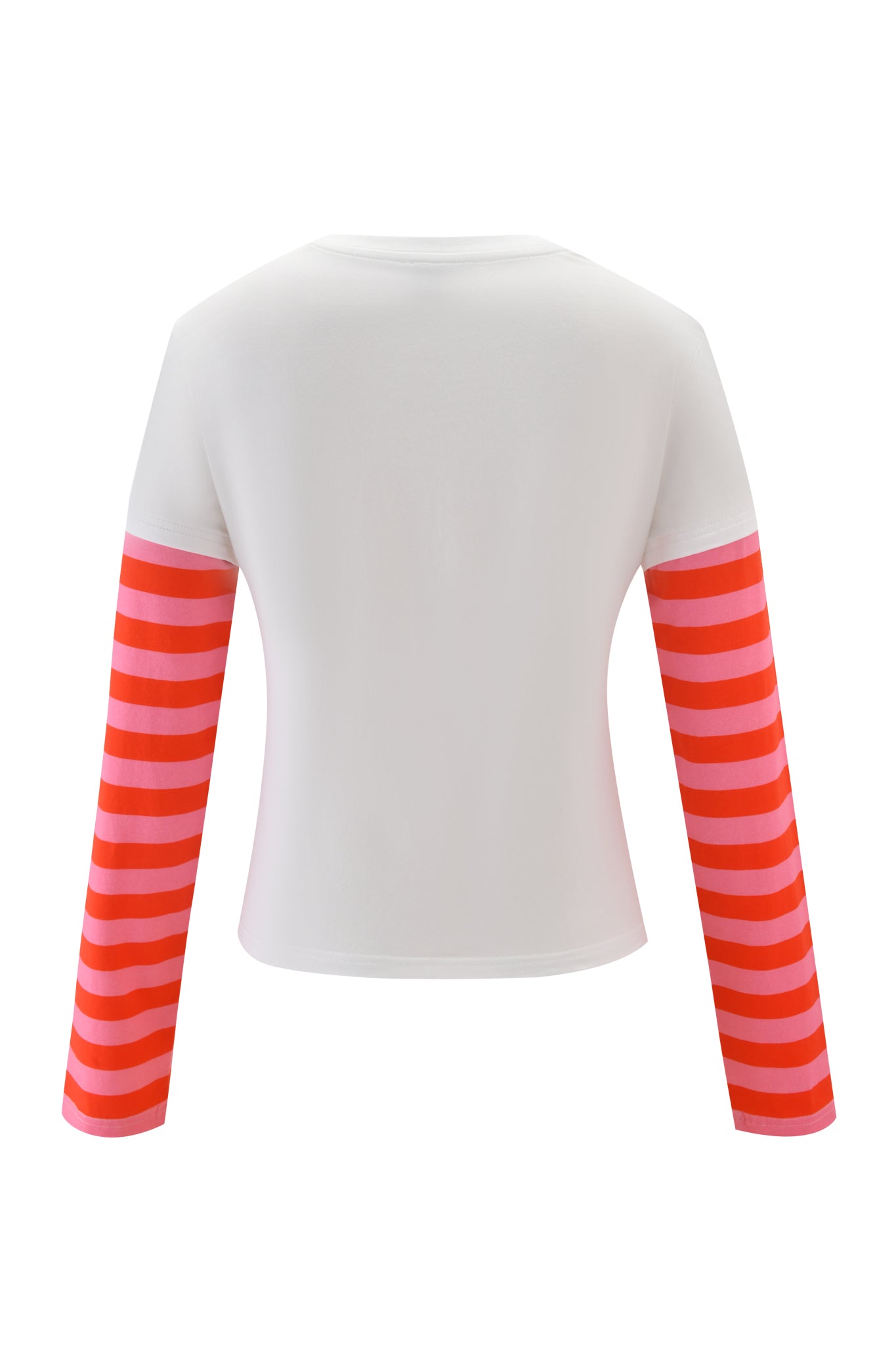 The I.AM.GIA FAFI DOUBLE LAYER TEE - WHITE features a boxy long-sleeve fit with bright pink and red stripes on the sleeves and a plain white back, shown against a white background.