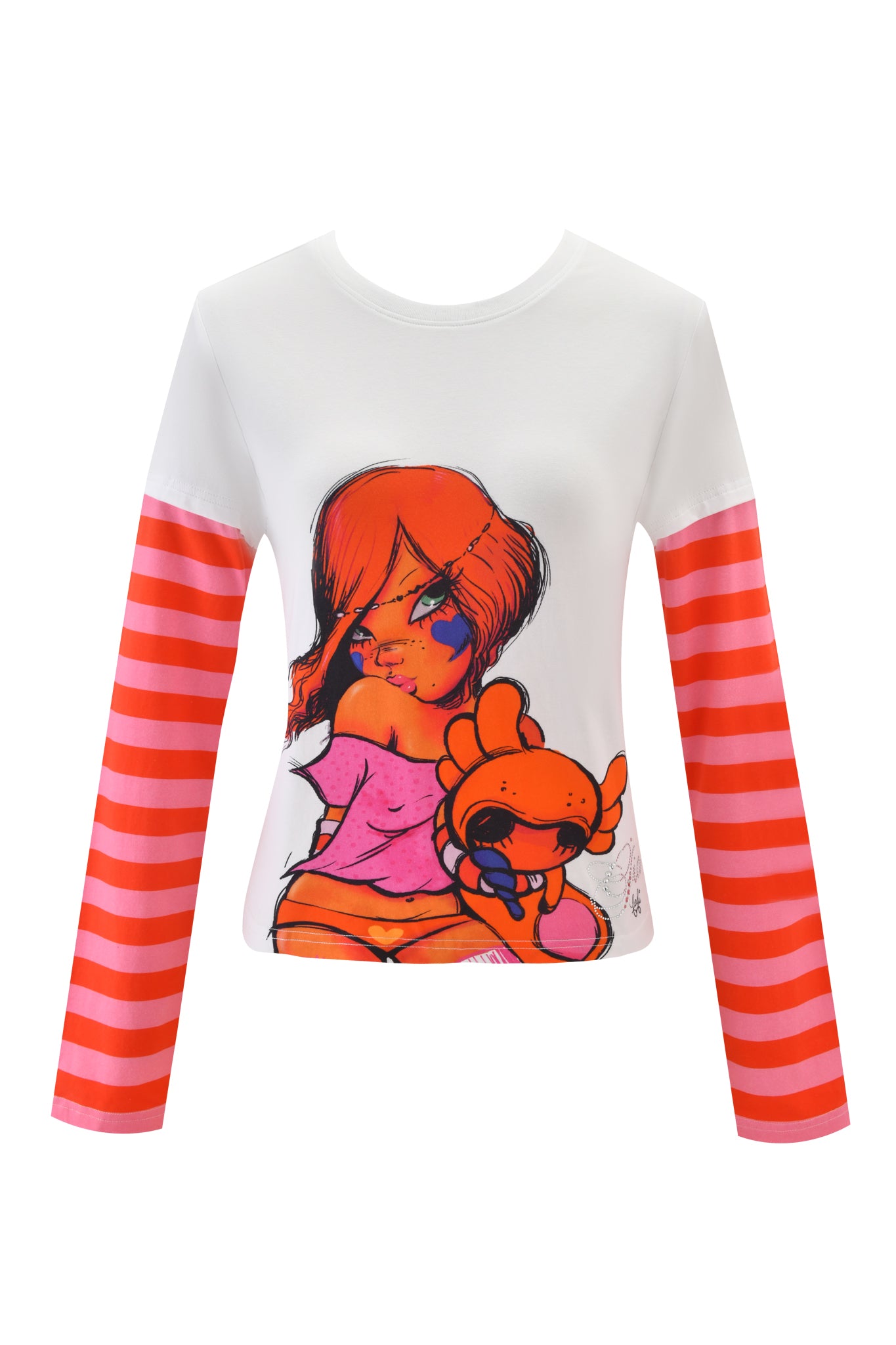 The FAFI DOUBLE LAYER TEE - WHITE by I.AM.GIA features red and pink striped long sleeves and a cartoon girl with orange hair and a crab, both with large eyes, on the front—part of the fun fafinette collaboration.