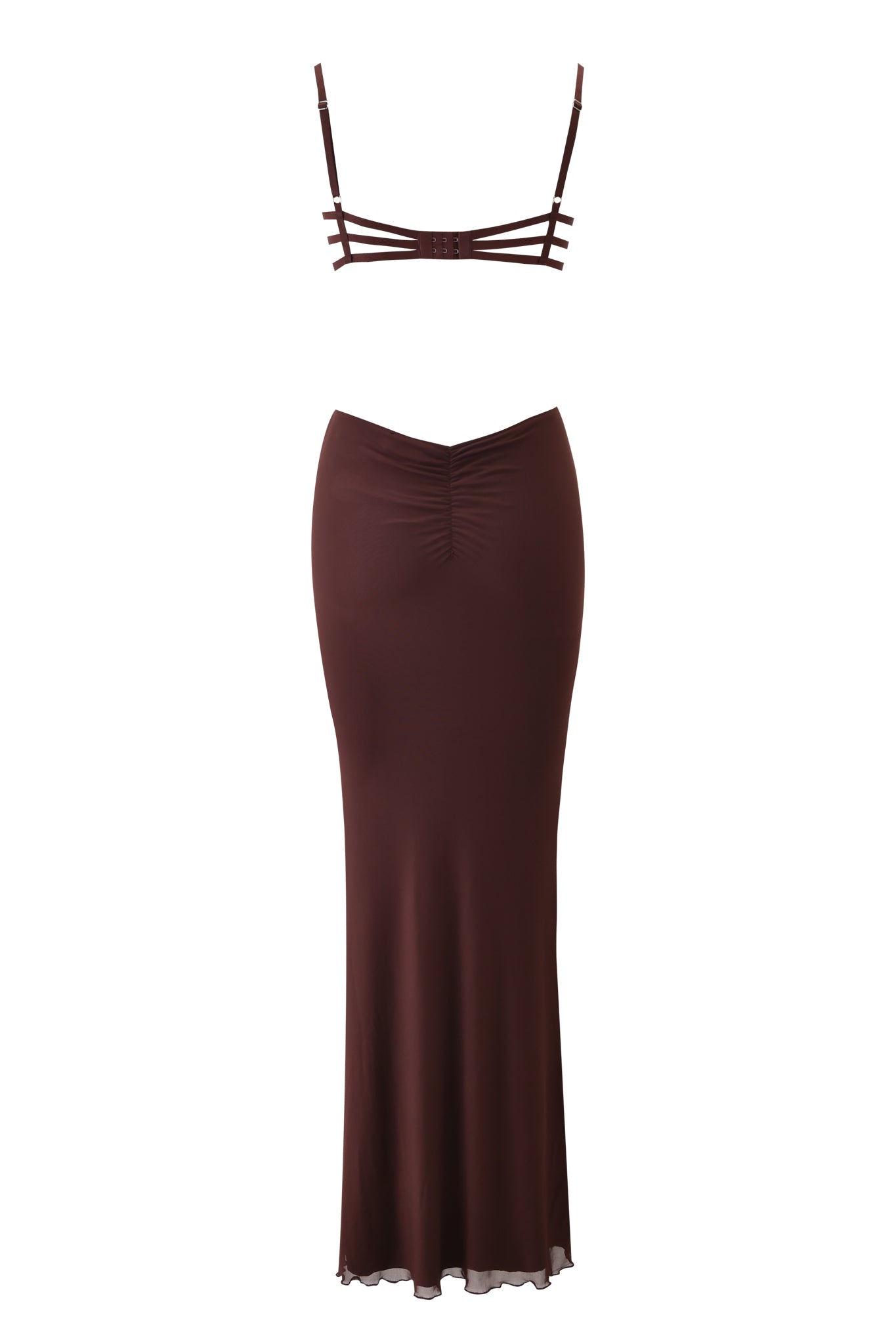 The I.AM.GIA SILO MAXI DRESS - BROWN is a two-piece set with a strappy bralette top featuring three horizontal straps and a high-waisted, ruched, floor-length skirt.