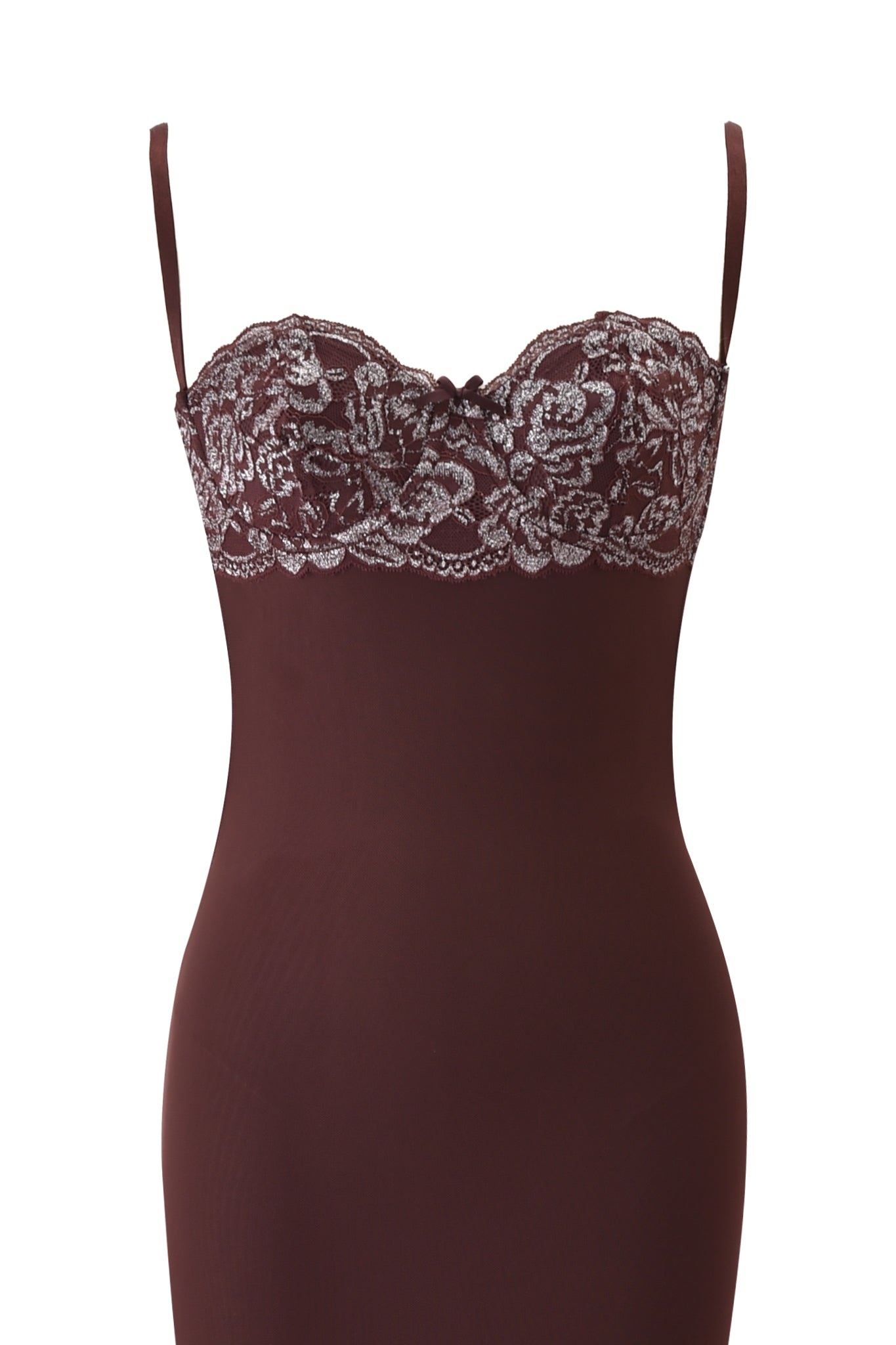 The I.AM.GIA SILO MAXI DRESS in brown is a sleeveless slip dress with thin straps, featuring ornate white lace across the bust and a sleek, fitted silhouette for an elegant look.