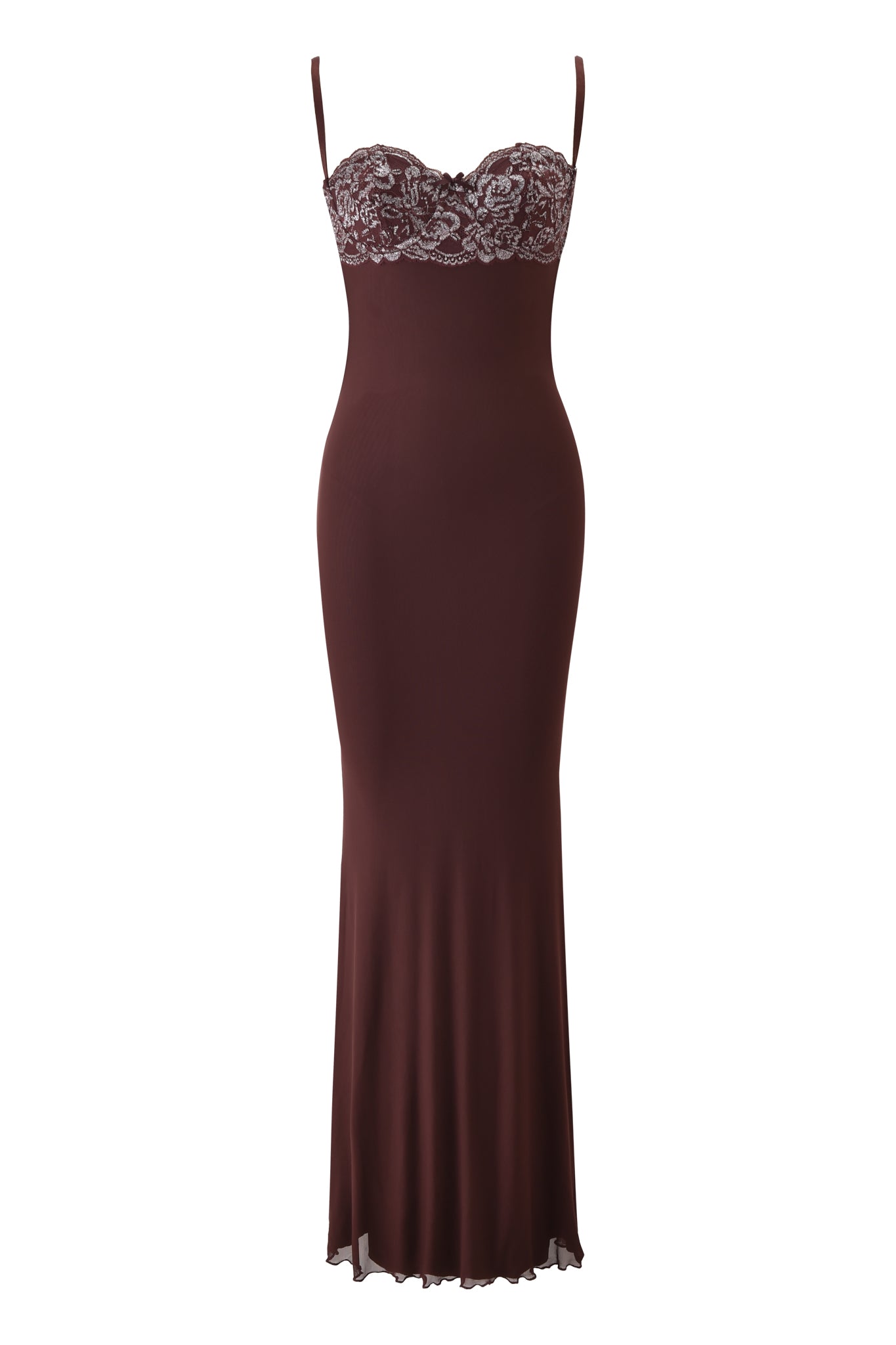 The I.AM.GIA SILO MAXI DRESS in brown is a sleeveless maxi dress with thin straps, lace detailing on the bust, a fitted waist and hips, and a slightly flared hem for a flattering silhouette.