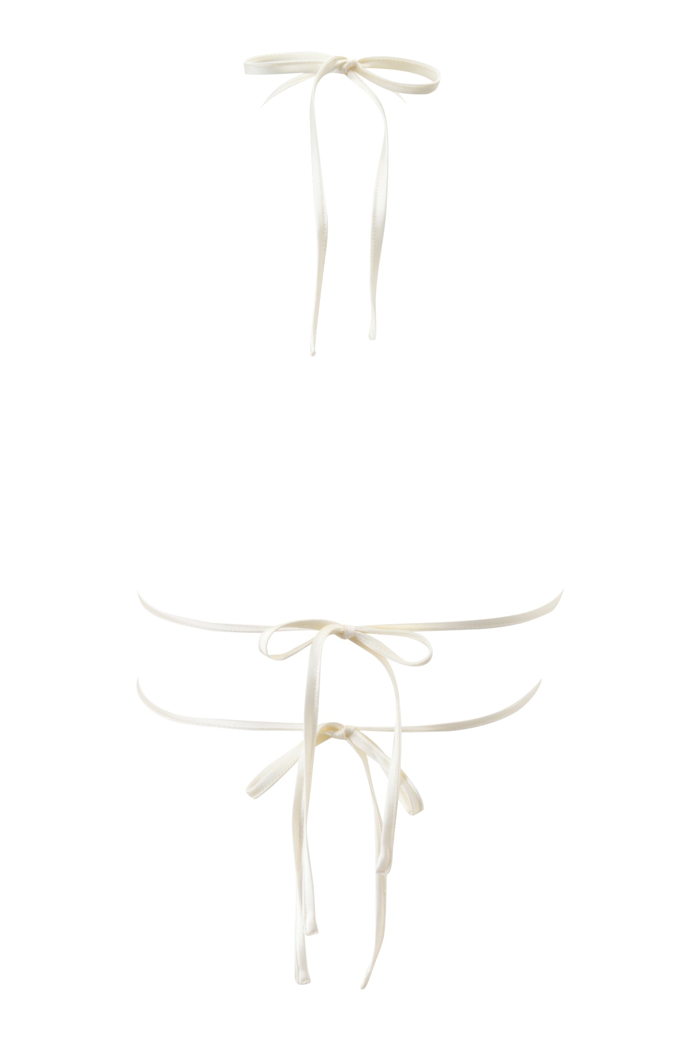 A minimal ivory bikini with thin straps and delicate ribbon ties in elegant bows, reminiscent of the I.AM.GIA GEM HALTER TOP 2.0, shown from the back against a plain white background.