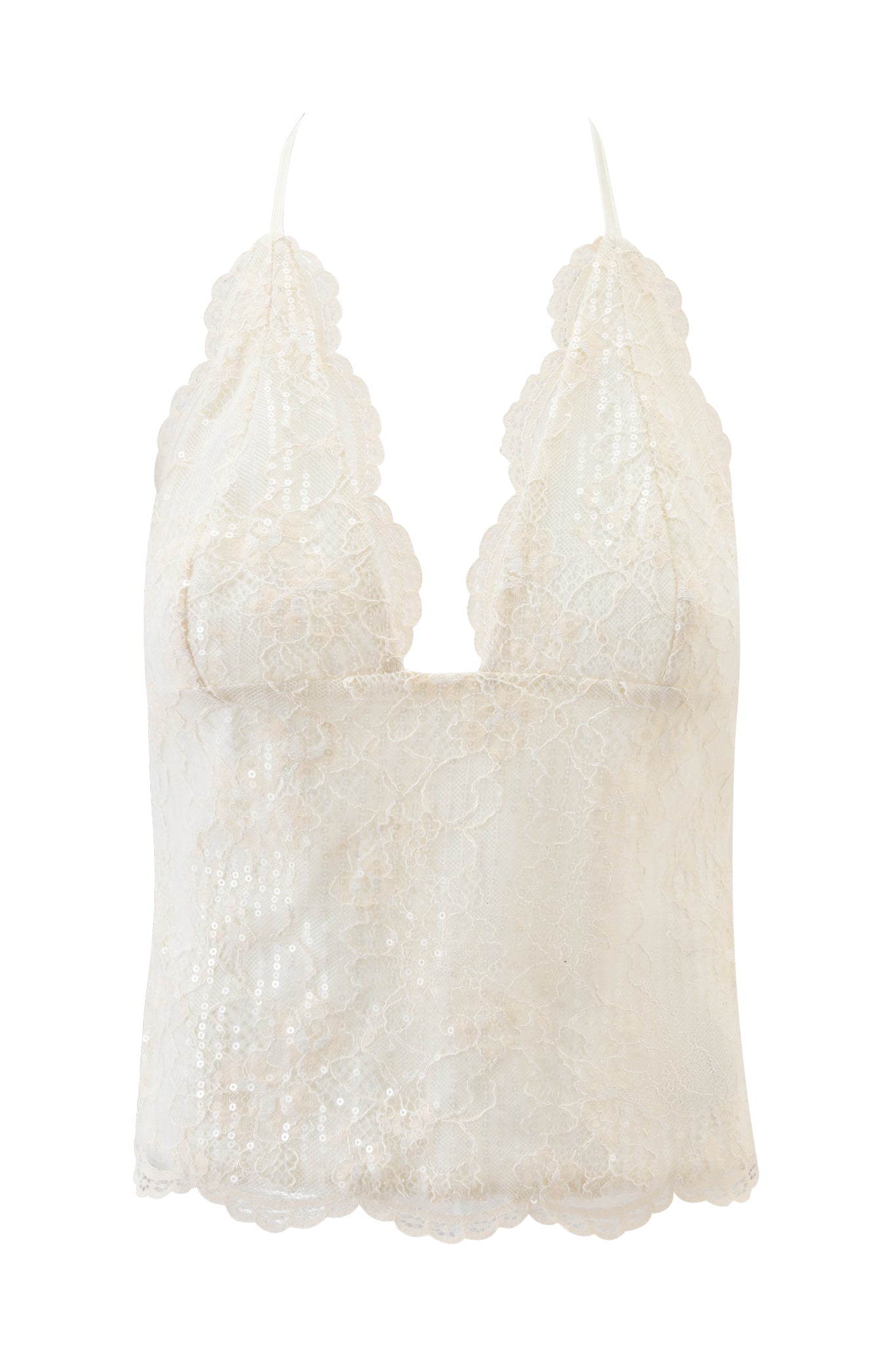 The GEM HALTER TOP 2.0 - IVORY by I.AM.GIA features a deep V-neck, delicate floral lace pattern over sheer fabric, scalloped edges, and thin straps for an elegant look reminiscent of an ivory georgette top.