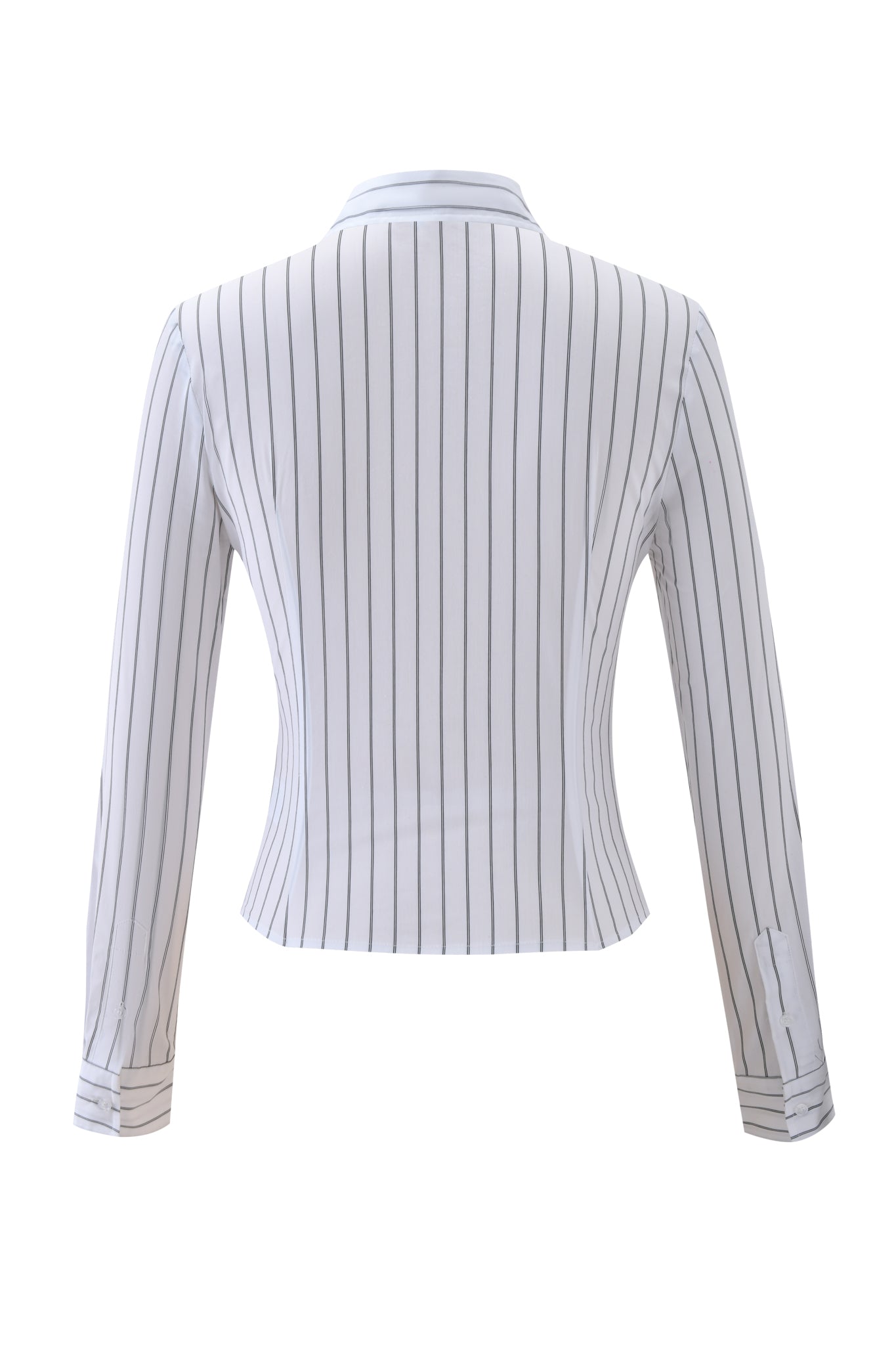 The I.AM.GIA MONICA PINSTRIPE SHIRT in white and black stripe features a tailored slim fit, collared neckline, fitted waist, long sleeves, and buttoned cuffs, shown from the back.