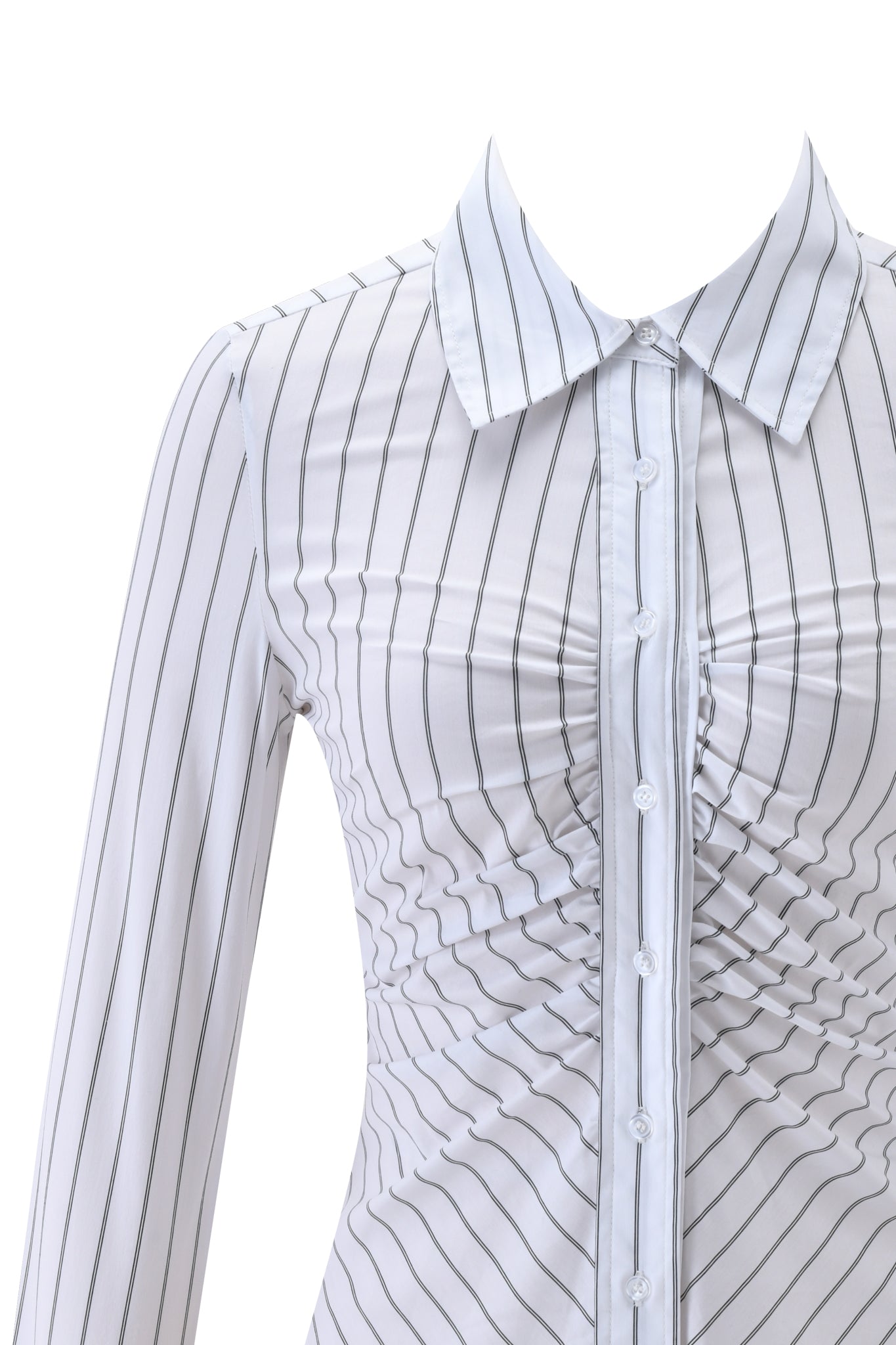 The MONICA PINSTRIPE SHIRT by I.AM.GIA features white and black pinstripes, a collared neckline, front ruching, and long sleeves. This tailored slim-fit style is shown cropped at the neck and mid-waist.