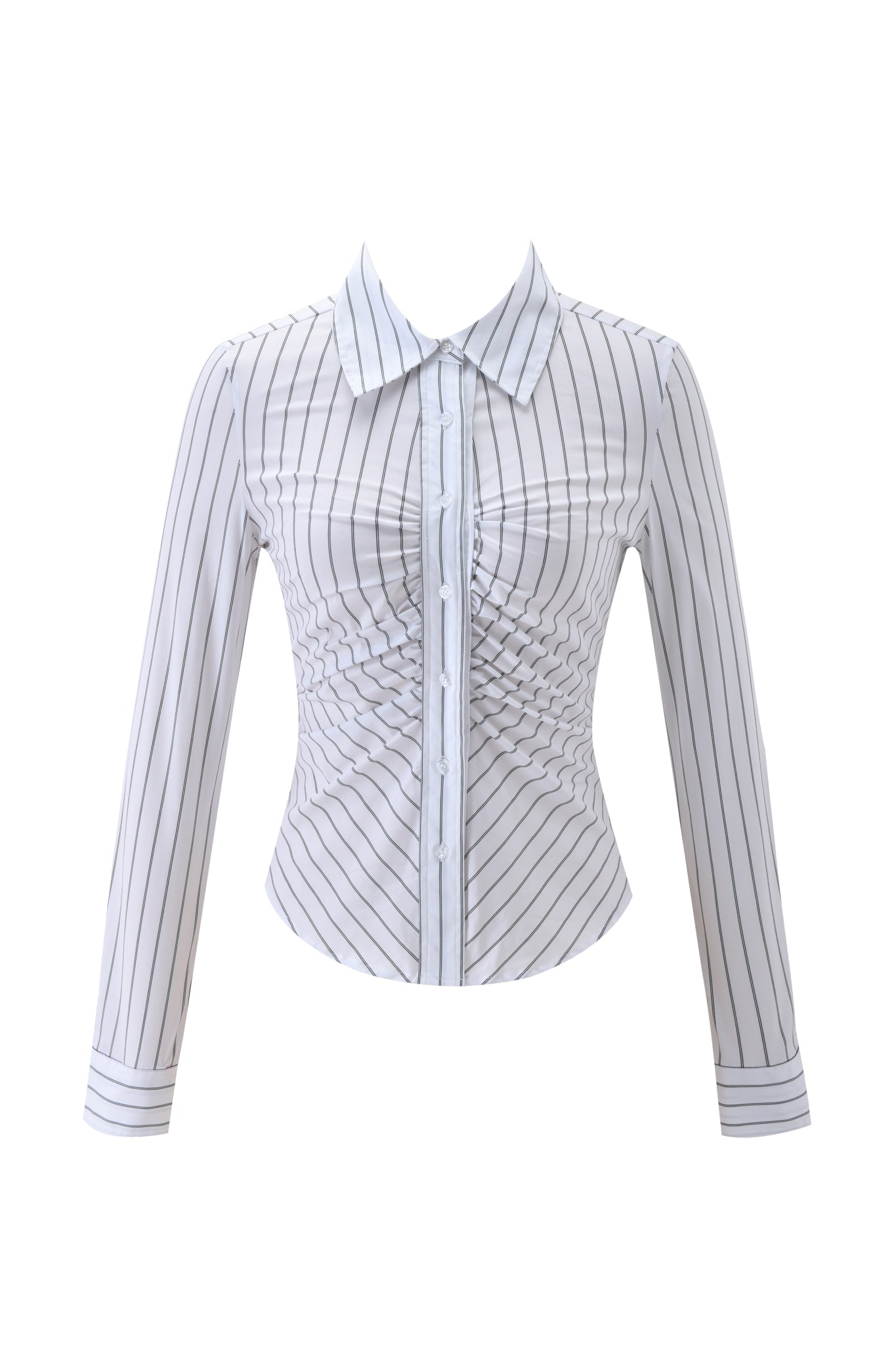 The MONICA PINSTRIPE SHIRT - WHITE BLACK STRIPE by I.AM.GIA is a slim-fit, long-sleeve button-up with a pointed collar, ruched front, contoured waist, and classic white and black pinstripes.