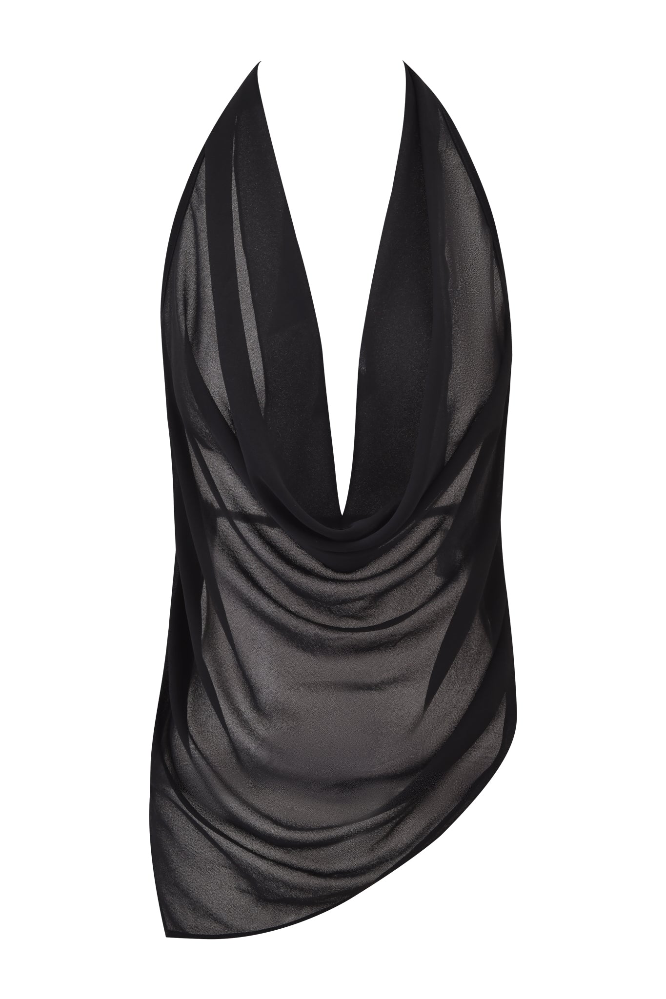 The GRAYSON TOP - BLACK by I.AM.GIA is a sheer black georgette top with a deep cowl neckline and asymmetrical hem, shown on a white background.