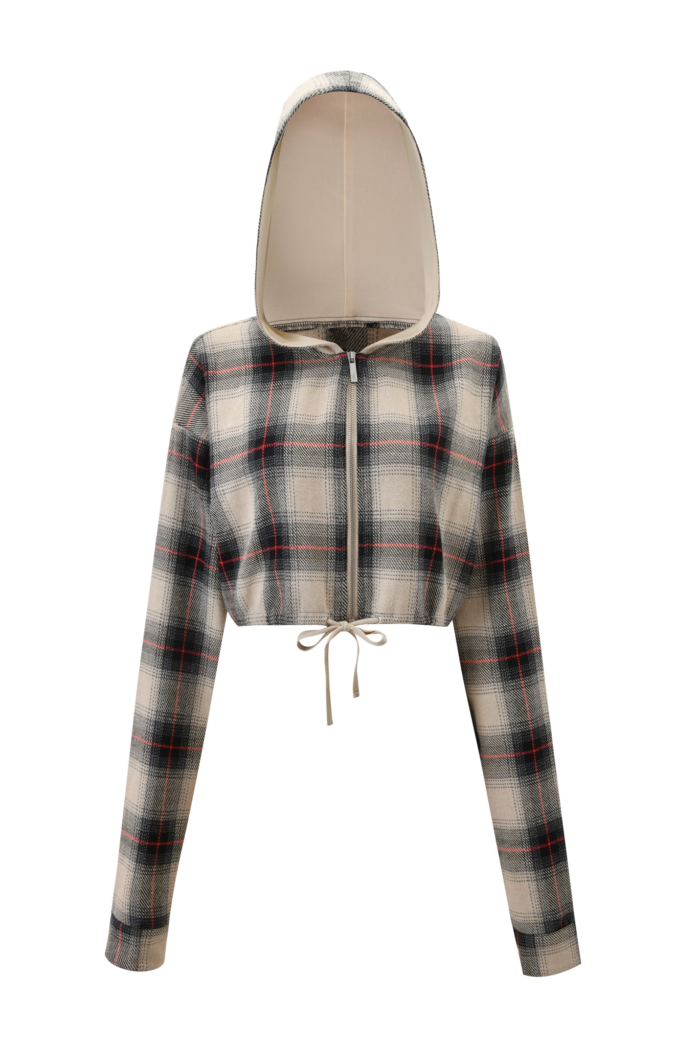 The I.AM.GIA TIFF JACKET - GREY PLAID is a cropped, long-sleeve flannel jacket with a front zipper and drawstring, featuring a beige, gray, and black plaid pattern accented by subtle red lines.