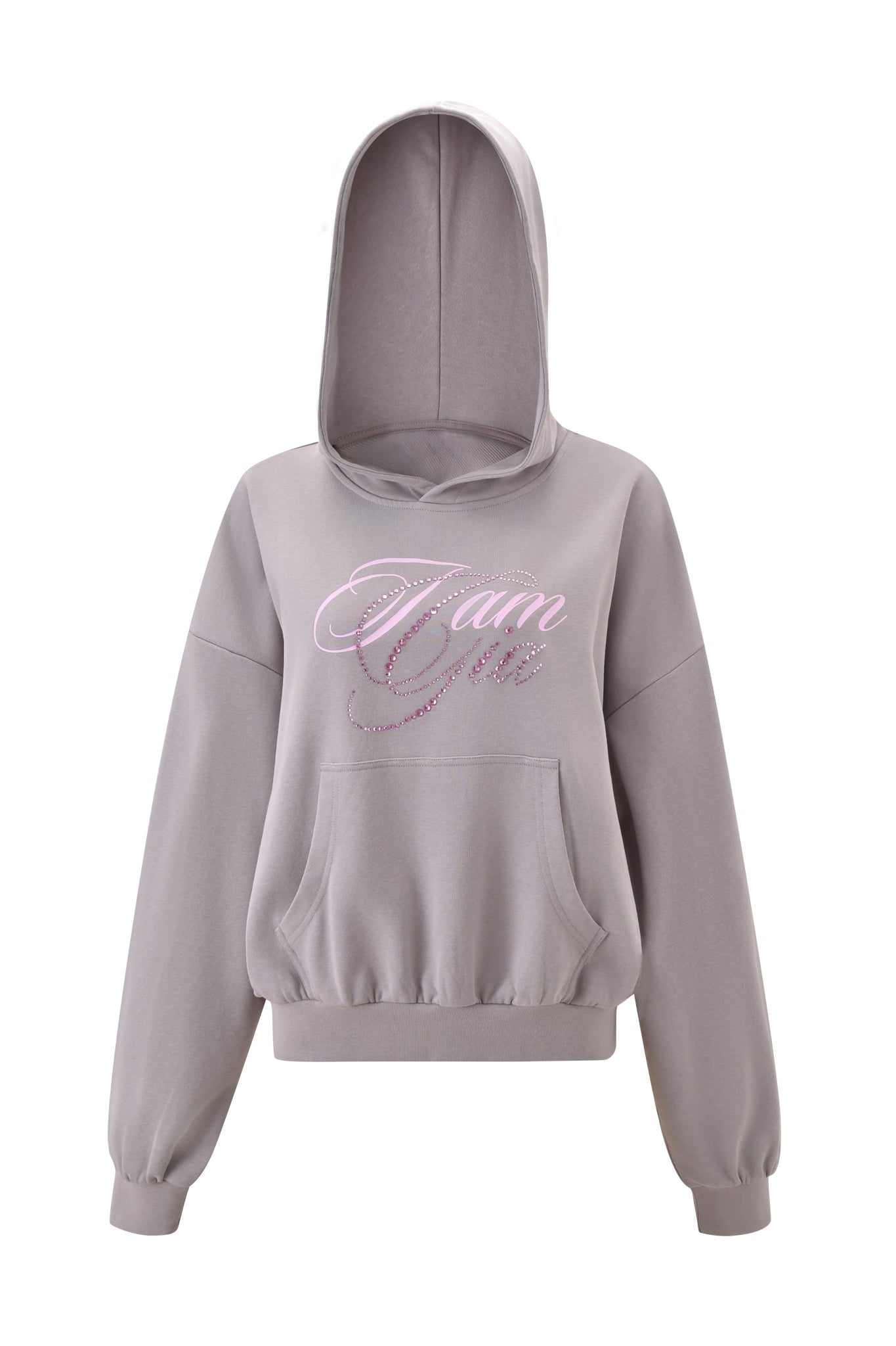 The KADE HOODIE by I.AM.GIA is a grey relaxed-fit hoodie with a front pocket and "I am" in cursive pink letters across the chest, displayed on a plain white background.
