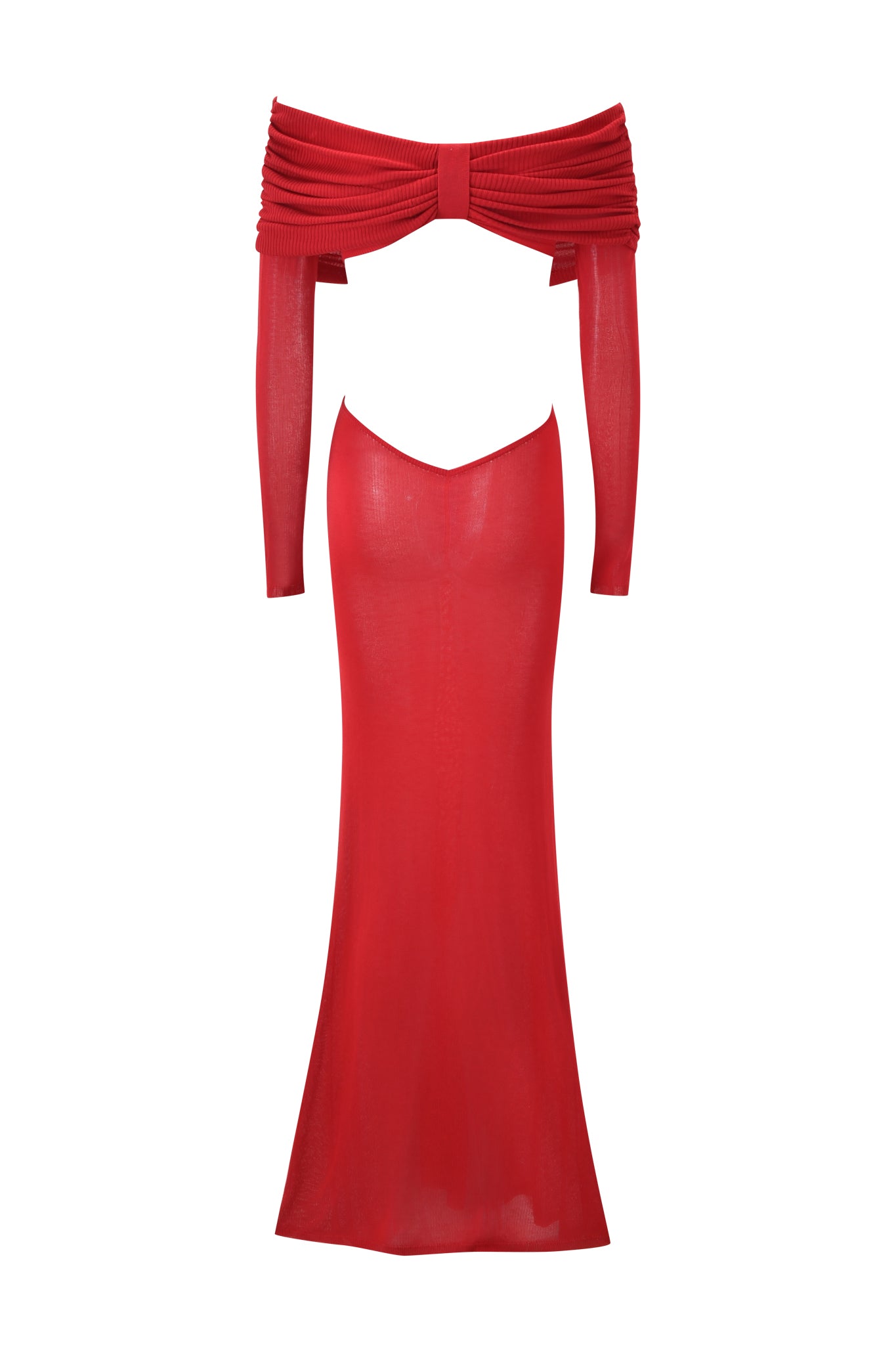 The VEYRA MAXI DRESS by I.AM.GIA is a bold, deep red off-shoulder maxi with a strapless ruched band, fitted semi-sheer bodice, striking cut-out effect, and bodycon mermaid silhouette with a slight flare at the hem.