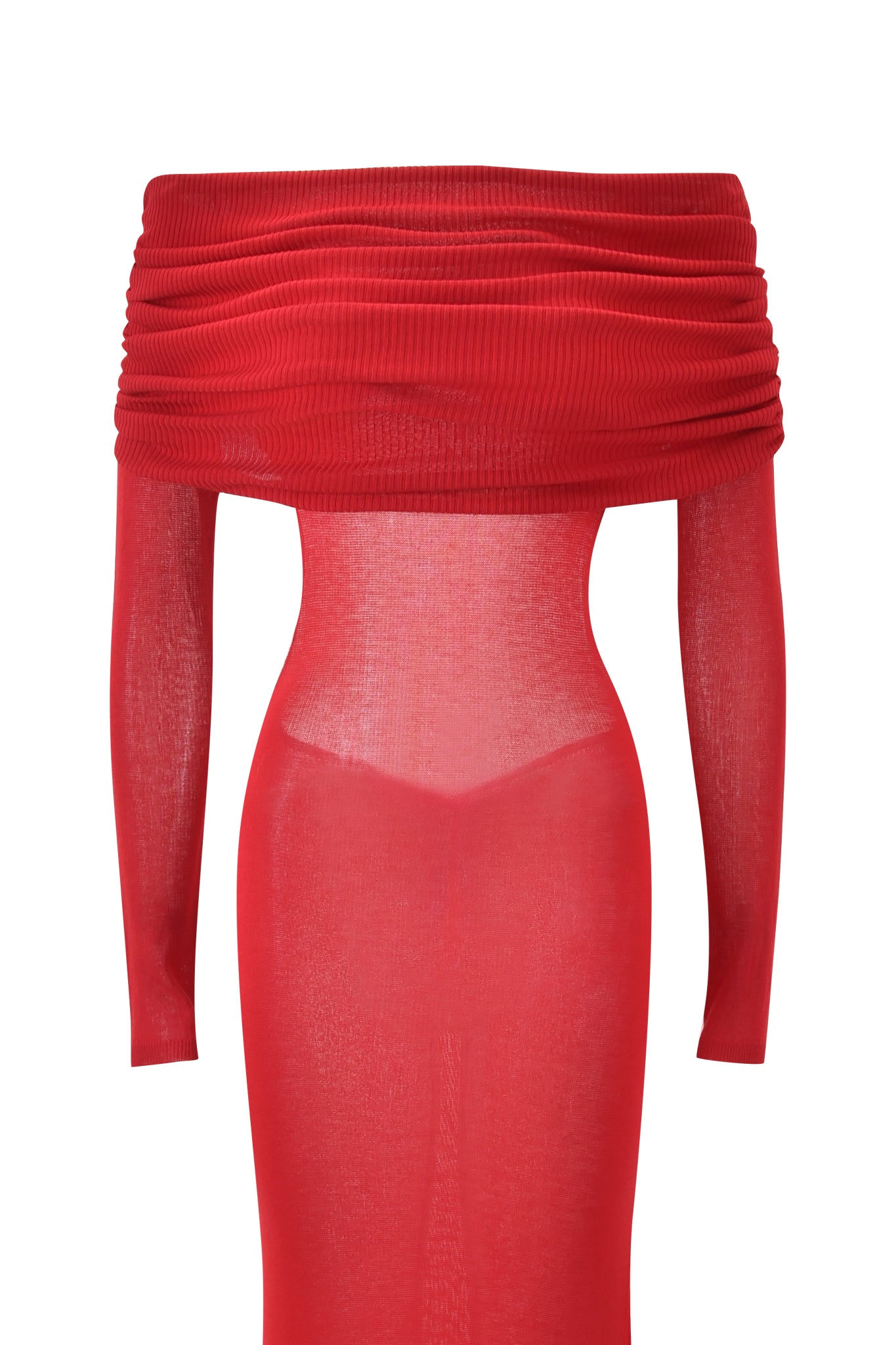 The VEYRA MAXI DRESS - RED by I.AM.GIA is a sheer, fitted long sleeve mermaid dress featuring an off-the-shoulder ruched neckline and semi-transparent fabric that subtly reveals the outline of undergarments.