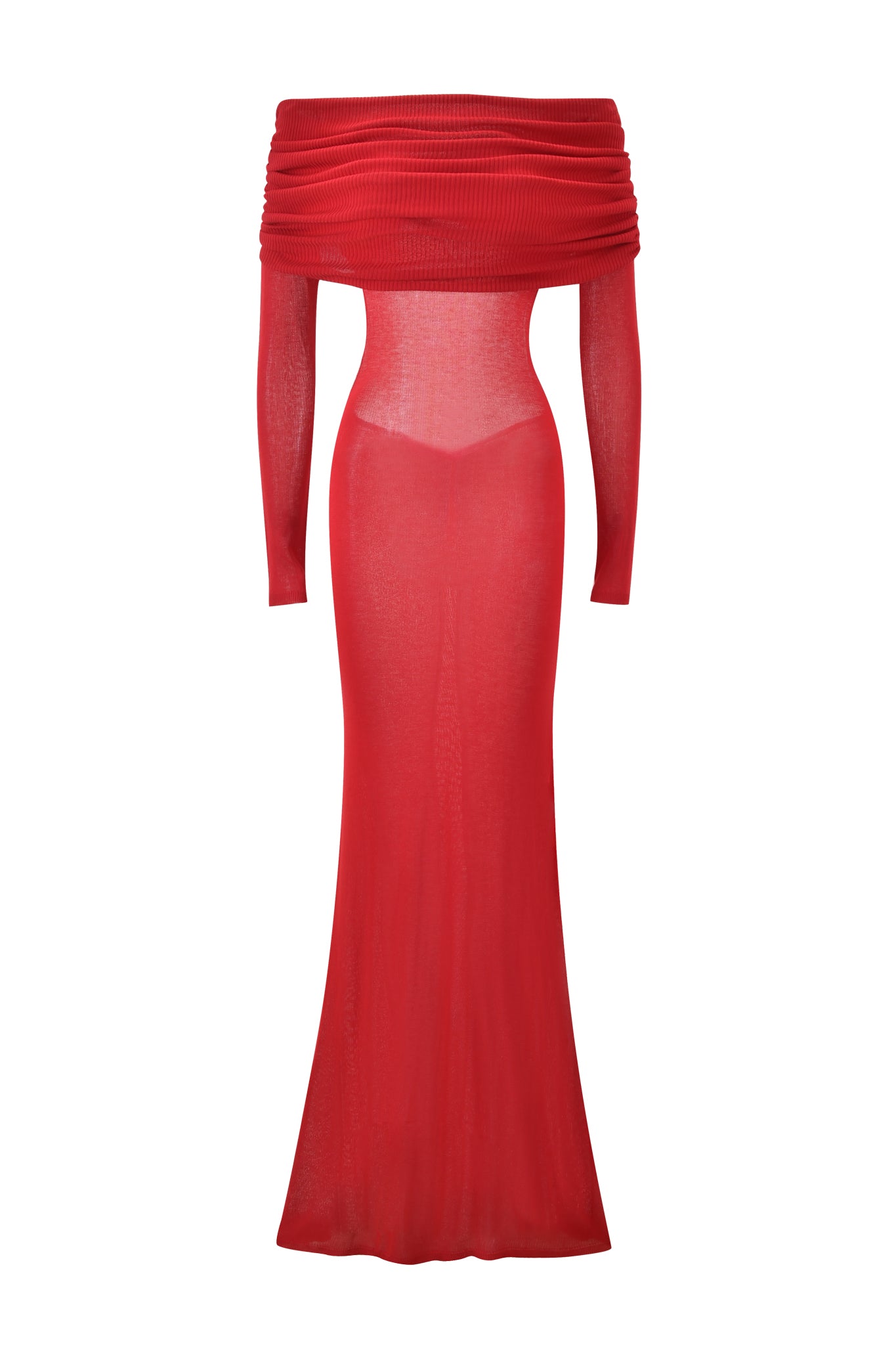 The VEYRA MAXI DRESS - RED by I.AM.GIA features a deep red, off-the-shoulder neckline with long sleeves and sheer, form-fitting fabric that creates a bodycon mermaid silhouette, elegantly flowing to the floor.