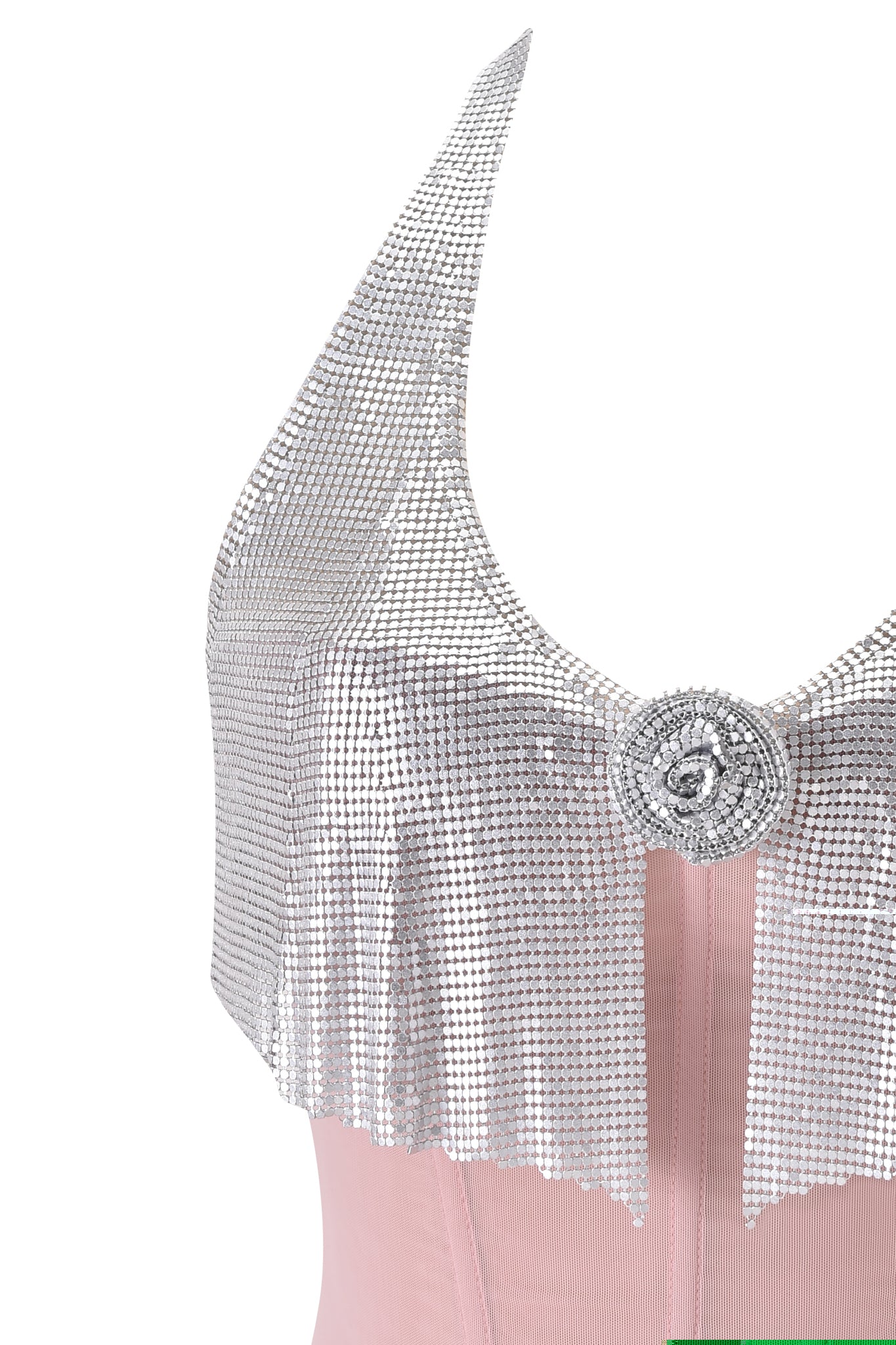 Close-up of the MILANA TWO PIECE TOP in pink by I.AM.GIA, featuring blush mesh fabric, a silver metallic pleated collar, and a round decorative brooch at the center chest.