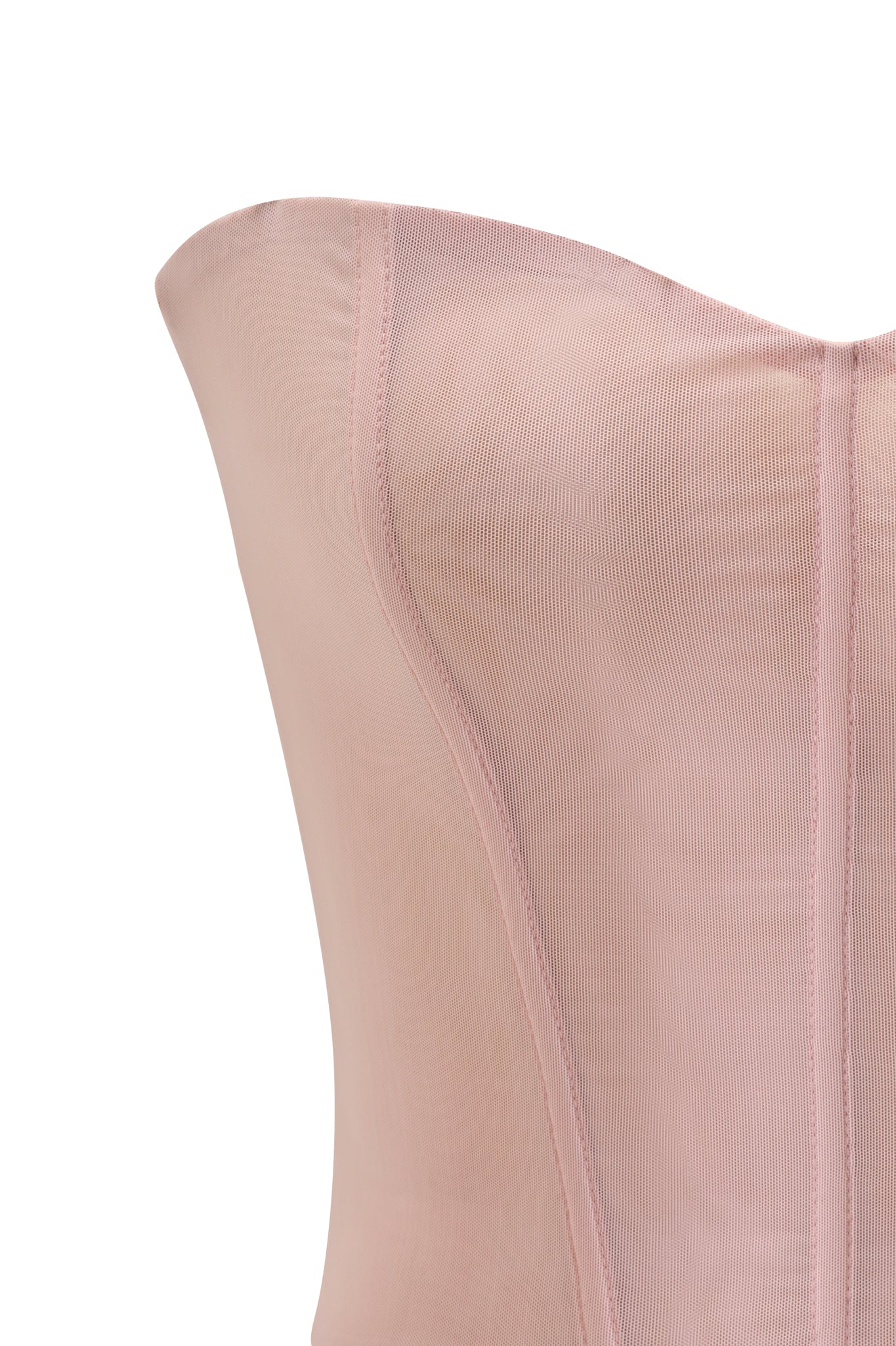 Close-up of the MILANA TWO PIECE TOP - PINK by I.AM.GIA, a strapless corset in blush pink with visible vertical boning and fine mesh fabric, photographed against a white background.