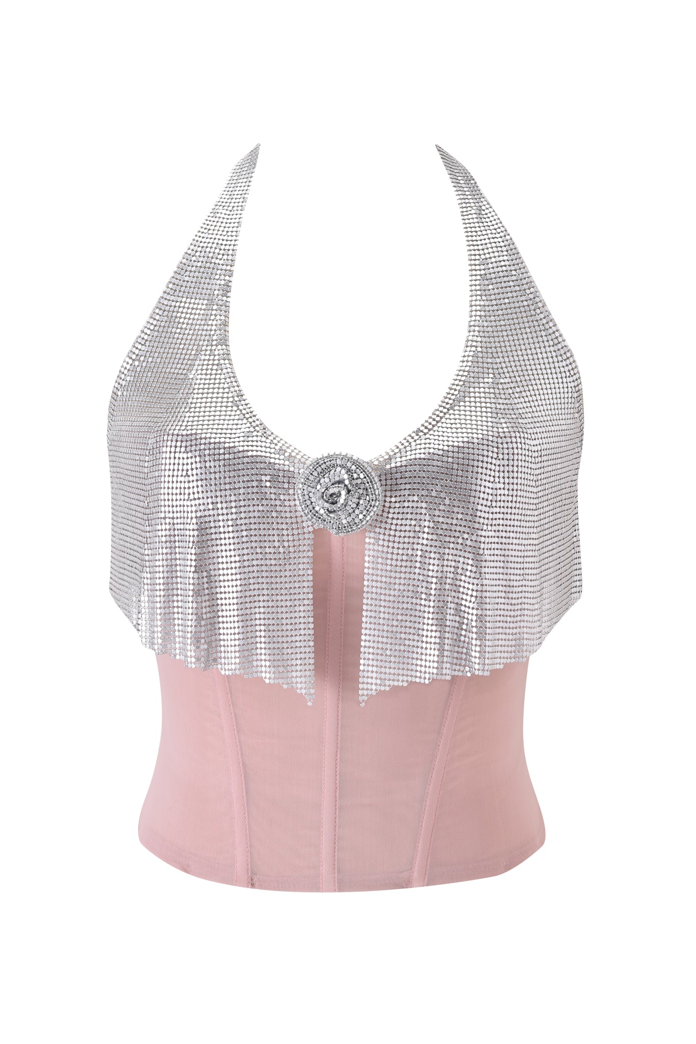 The MILANA TWO PIECE TOP - PINK by I.AM.GIA features a blush pink mesh corset top with a sparkly silver chainmail halter overlay, deep neckline, and a rhinestone spiral brooch at the center front.