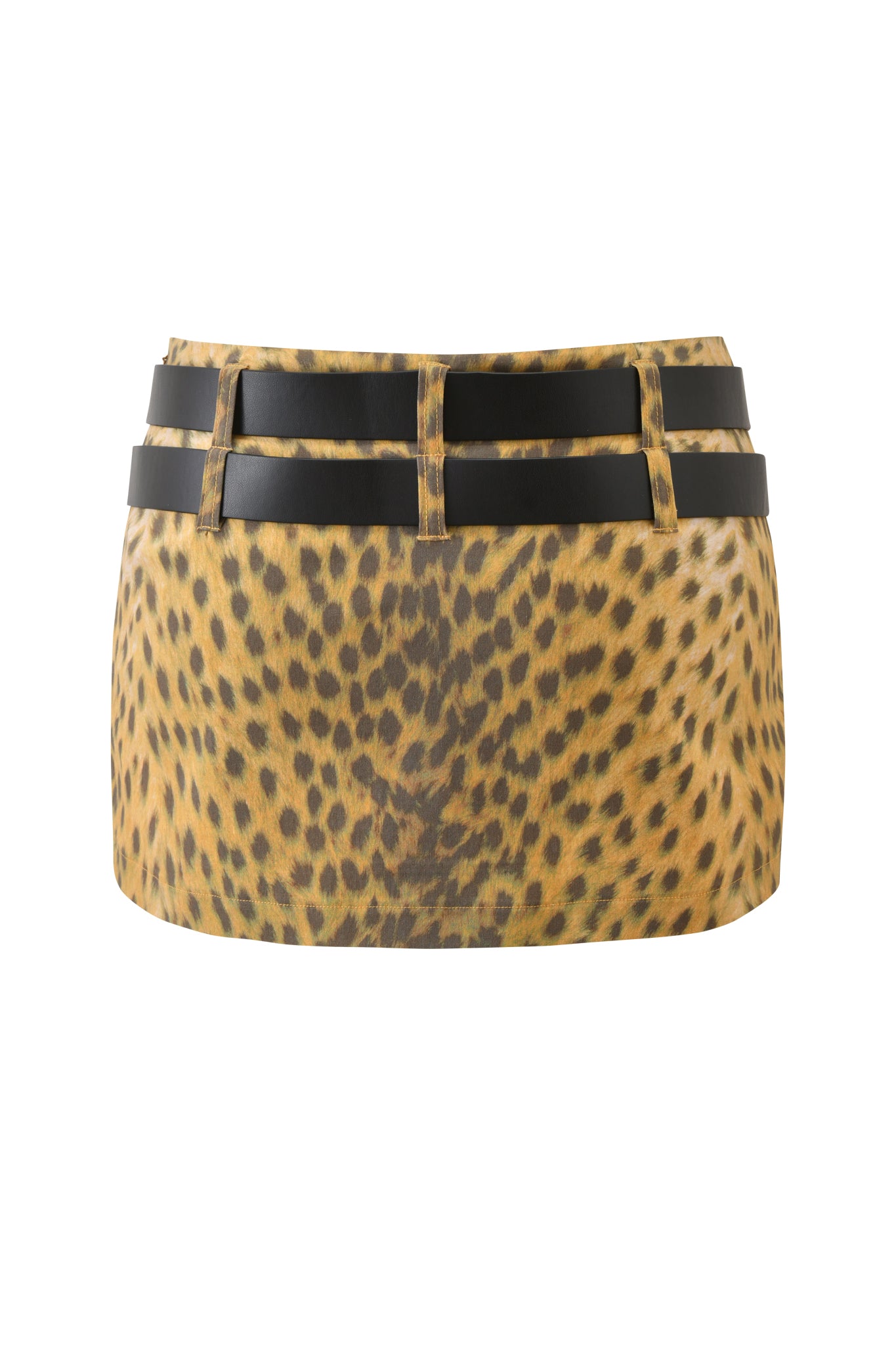 The I.AM.GIA DEVON MINI SKORT - CHEETAH is a chic micro mini skort with a cheetah print and two black faux leather belts at the waistband, shown on a white background.