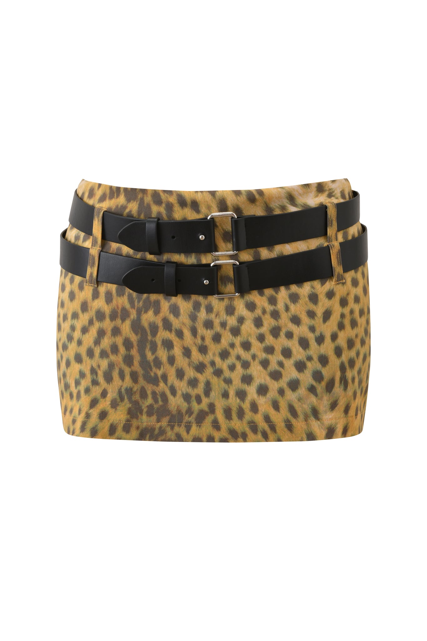 The I.AM.GIA DEVON MINI SKORT - CHEETAH is a micro mini skort with a cheetah print and two horizontally placed faux leather belts with silver buckles at the waist.