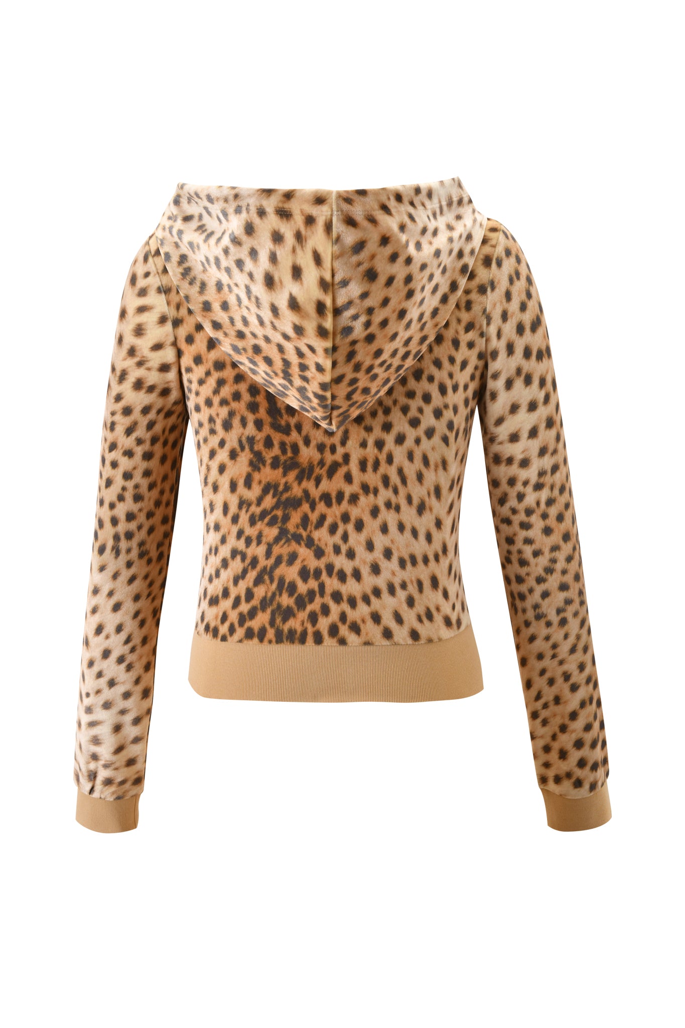 The back view of the I.AM.GIA X VON DUTCH KAMERON VELOUR JACKET - LEOPARD shows a long-sleeved velour hoodie with a leopard print, hood, and tan cuffs and waistband. Brand: I.AM.GIA.
