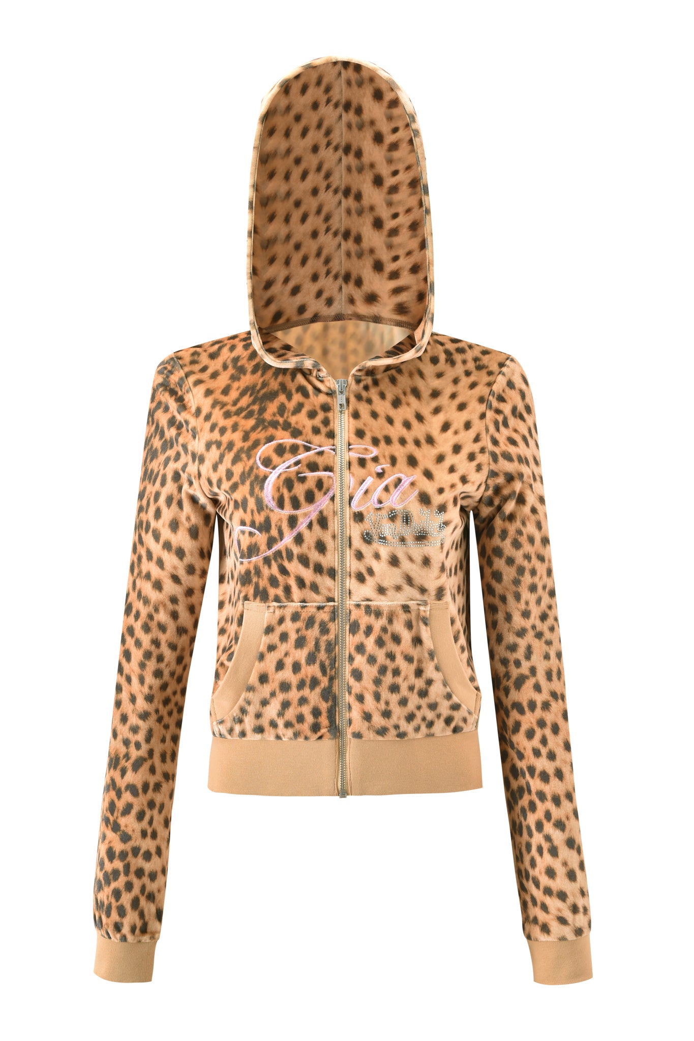 The I.AM.GIA X VON DUTCH Kameron Velour Jacket - Leopard features a zip-up front, cheetah print, front pockets, a hood, "Ciao" in pink script on the chest, and solid beige cuffs and waistband for a stylish touch.