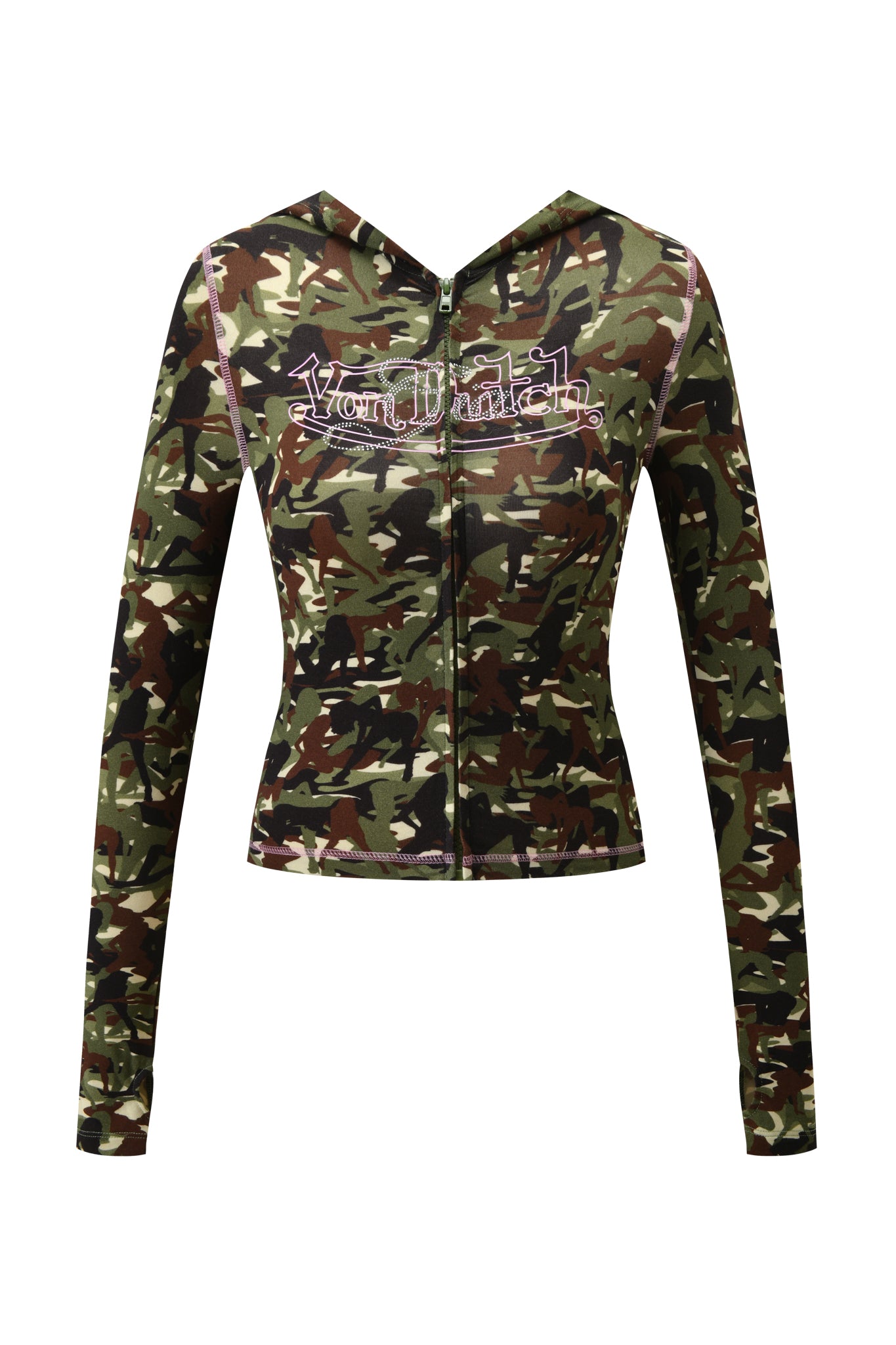 The I.AM.GIA X VON DUTCH BLARE HOODIE - GIA GIRL CAMO features a green camo pattern, long sleeves, zip-up front, and “Von Dutch” in white with pink outline across the chest.