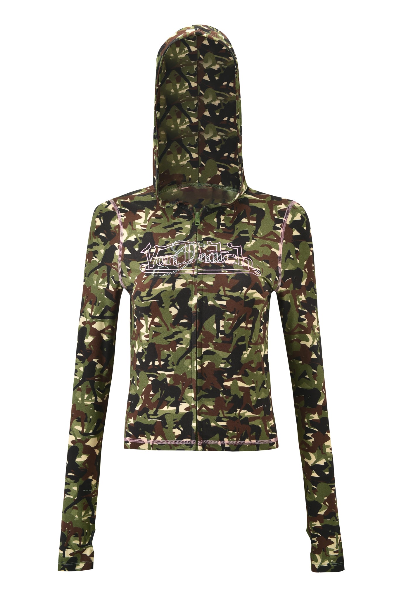 The I.AM.GIA X VON DUTCH BLARE HOODIE - GIA GIRL CAMO is a fitted, long-sleeve hoodie in green, brown, and tan camo bamboo fabric, with "Von Dutch" embroidered in white and pink across the chest.