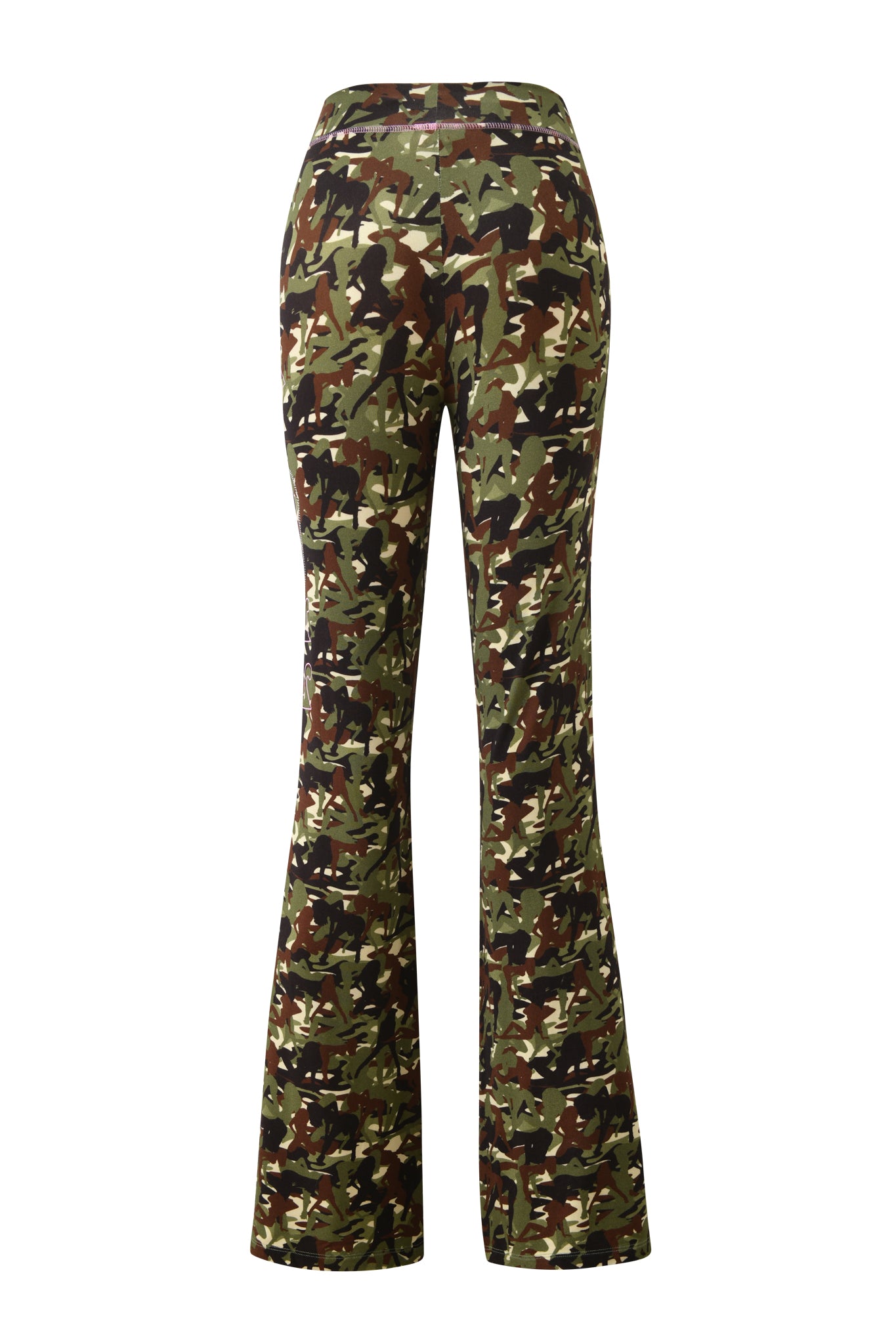 Back view of the I.AM.GIA X VON DUTCH BLARE TRACKPANT - GIA GIRL CAMO by I.AM.GIA, featuring a high-waisted, flared fit and a green, brown, beige, and black camouflage pattern.