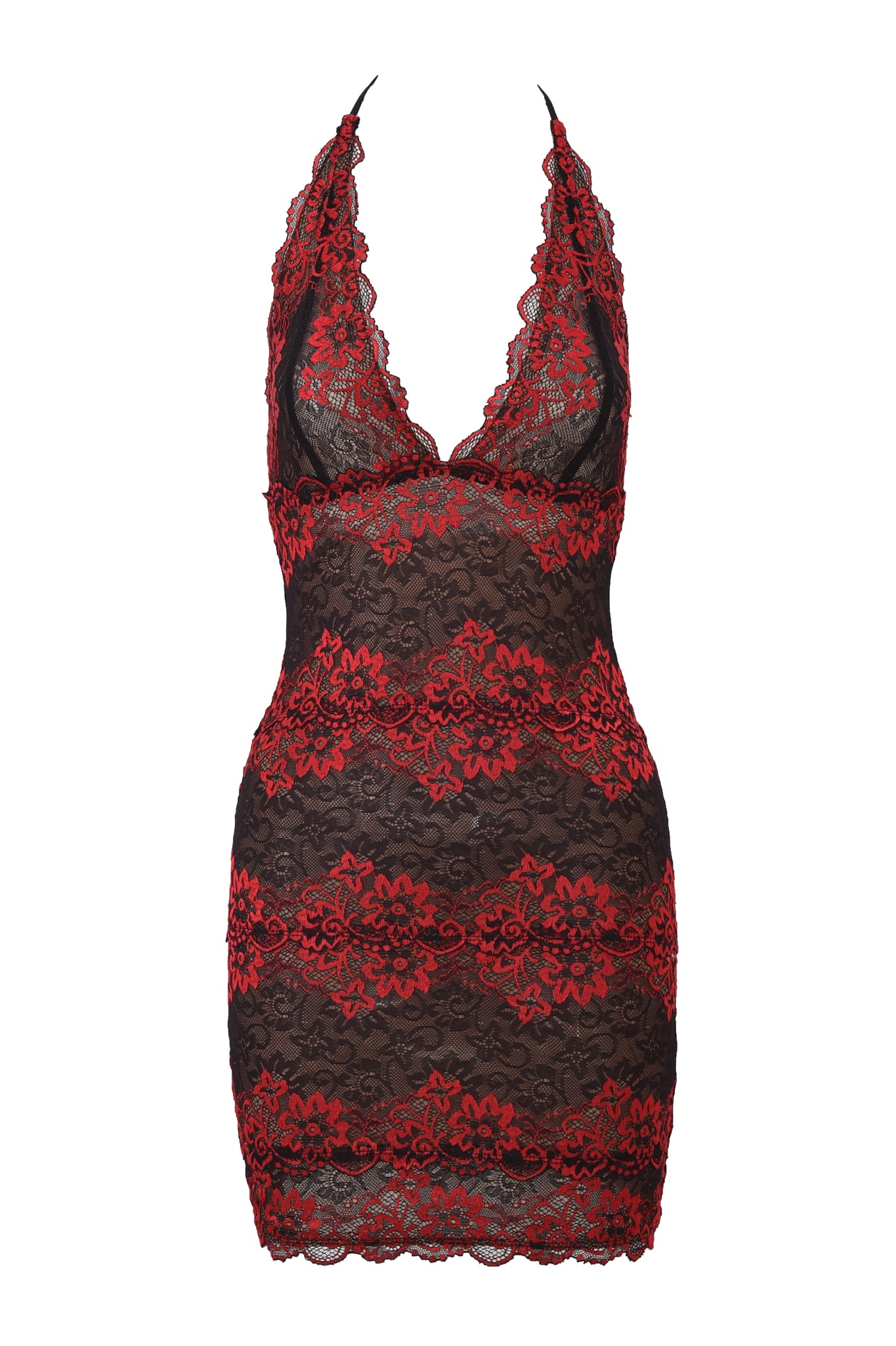 The GEM MINI DRESS by I.AM.GIA features black sheer fabric with bold red floral lace, a plunging neckline, halter style, and scalloped edges for an alluring look.