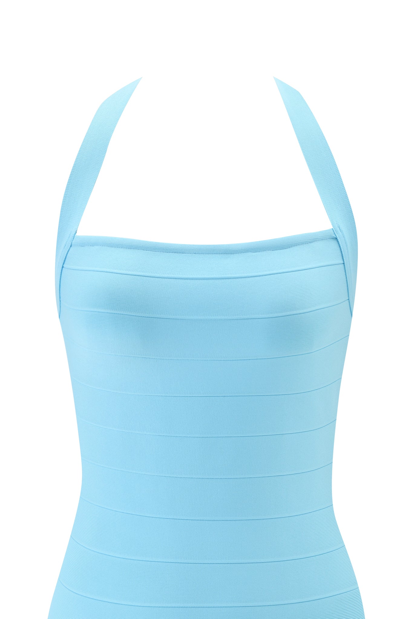 The I.AM.GIA AIDEN Bandage Mini Dress in baby blue features a halter-neck, straight neckline, and horizontal paneling in premium knit bodycon fabric. Shown alone against a white background, no model is visible.