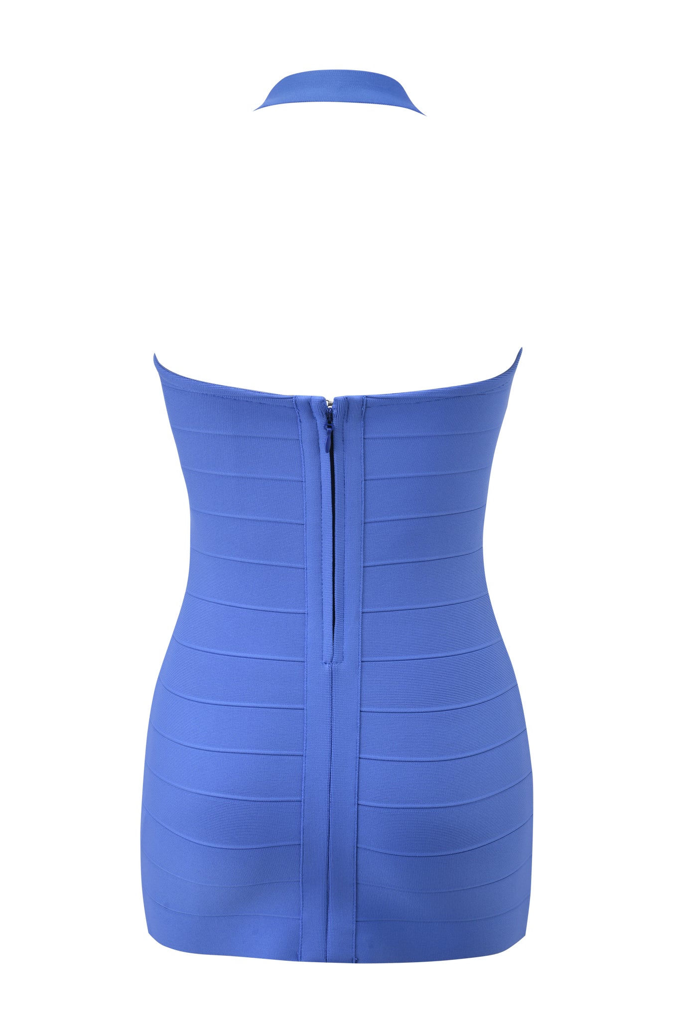 The I.AM.GIA AIDEN BANDAGE MINI DRESS in blue is a sleeveless, form-fitting mini dress with horizontal seam lines and a central back zipper.