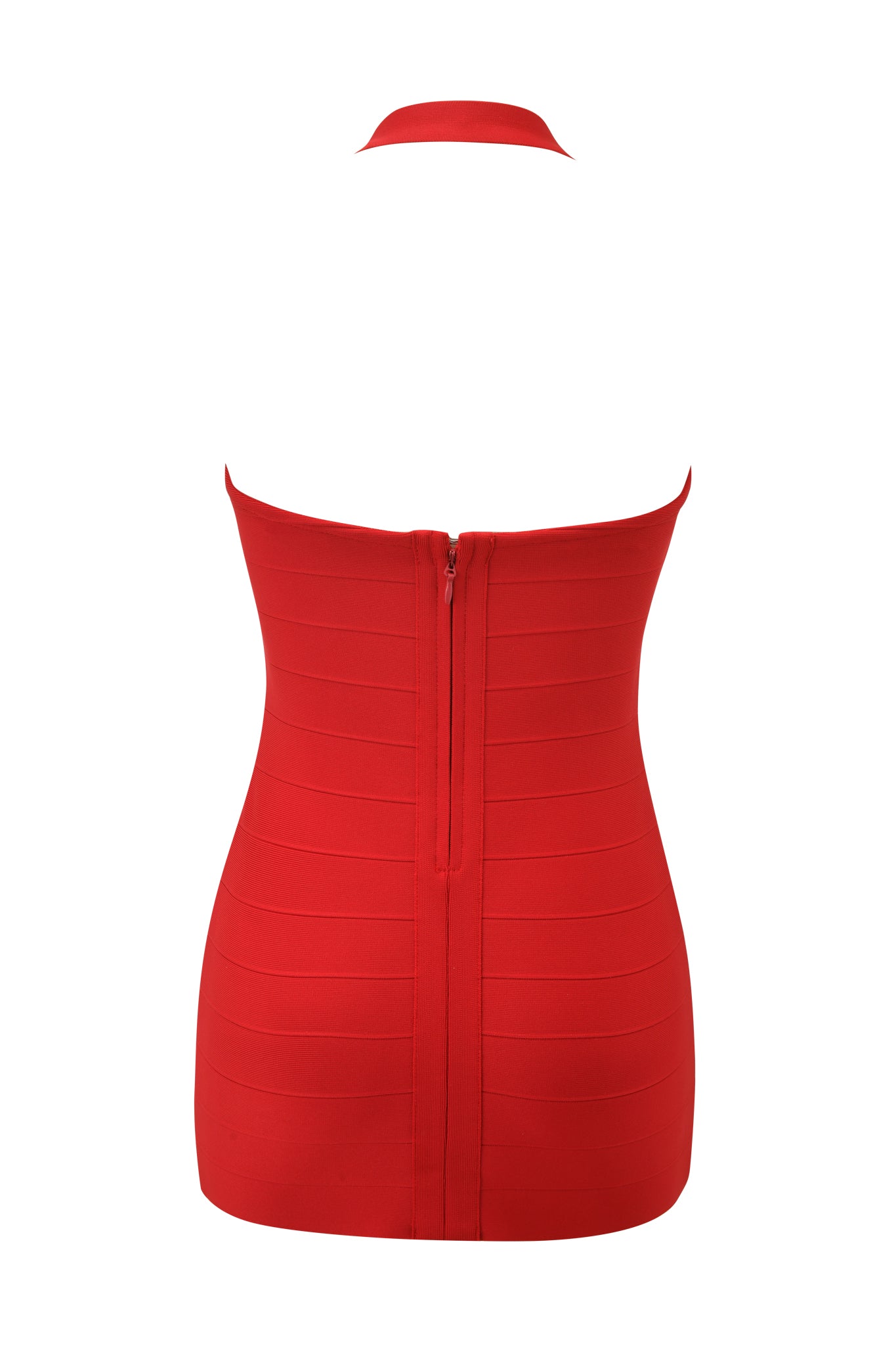 Back view of the I.AM.GIA AIDEN BANDAGE MINI DRESS in red, a strapless fitted mini with horizontal panel details and a visible center zipper.
