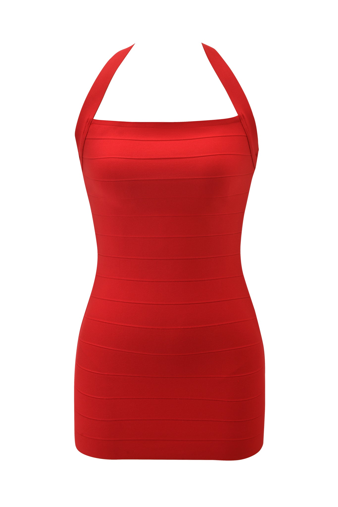 The I.AM.GIA AIDEN BANDAGE MINI DRESS in red is a sleeveless, form-fitting halter mini dress with horizontal band detailing, shown against a plain white background.
