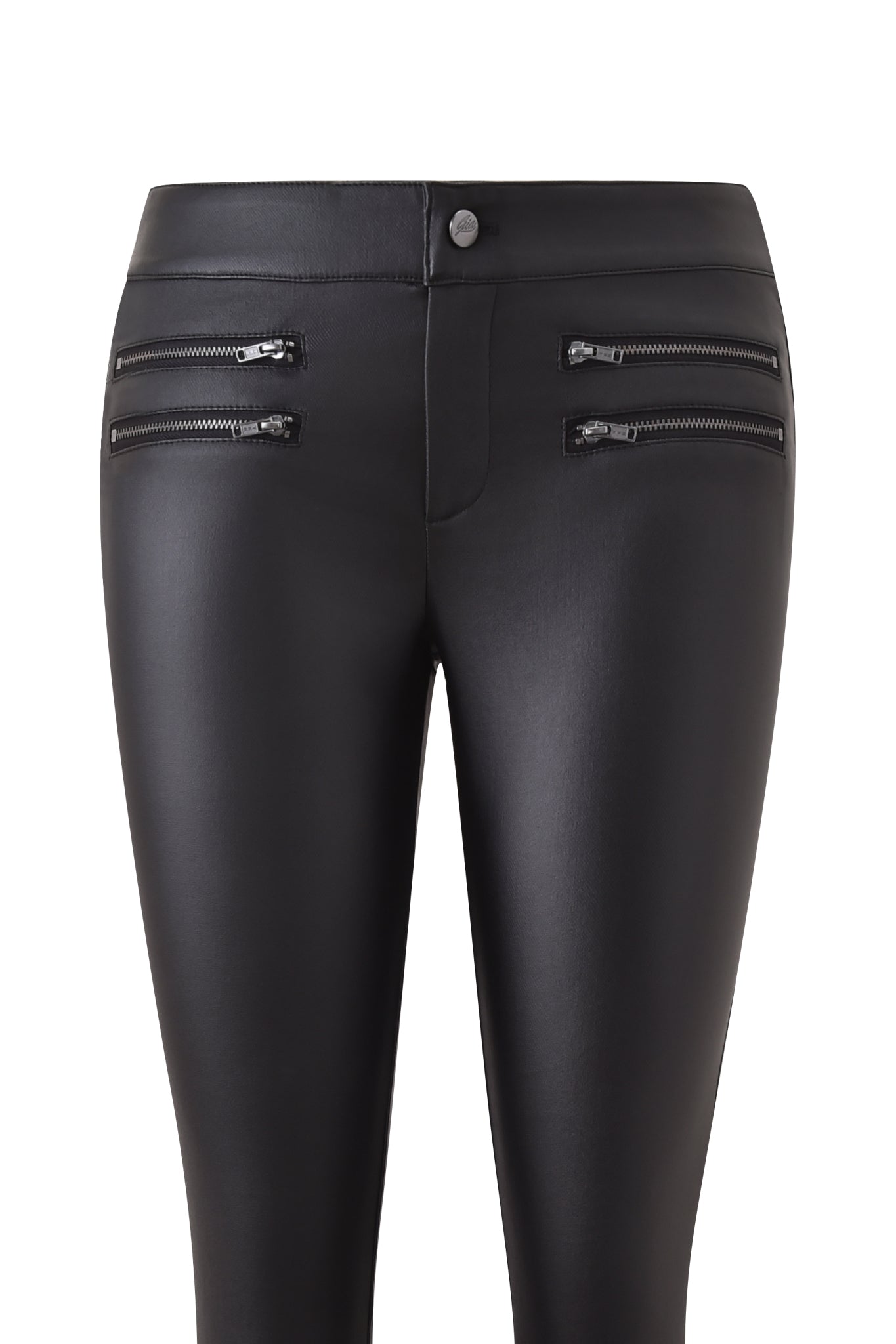 The JETT PANT - BLACK by I.AM.GIA features a fitted silhouette in black faux leather with four decorative zipper pockets at the waistband and a front button closure. Shown as skinny jeans on a plain white background.
