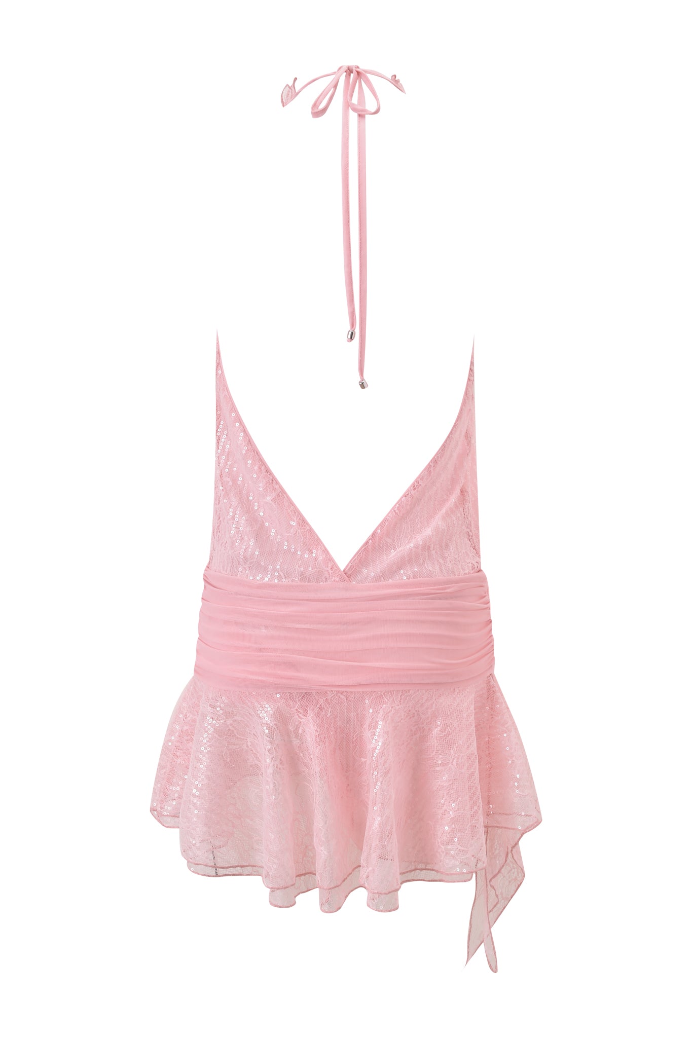 The ARIA HALTER RUFFLE MINI DRESS by I.AM.GIA features a light pink, sleeveless halter design with a deep V-neck, ruched waistband, semi-sheer ruffled peplum hem, and a delicate lace-like texture.