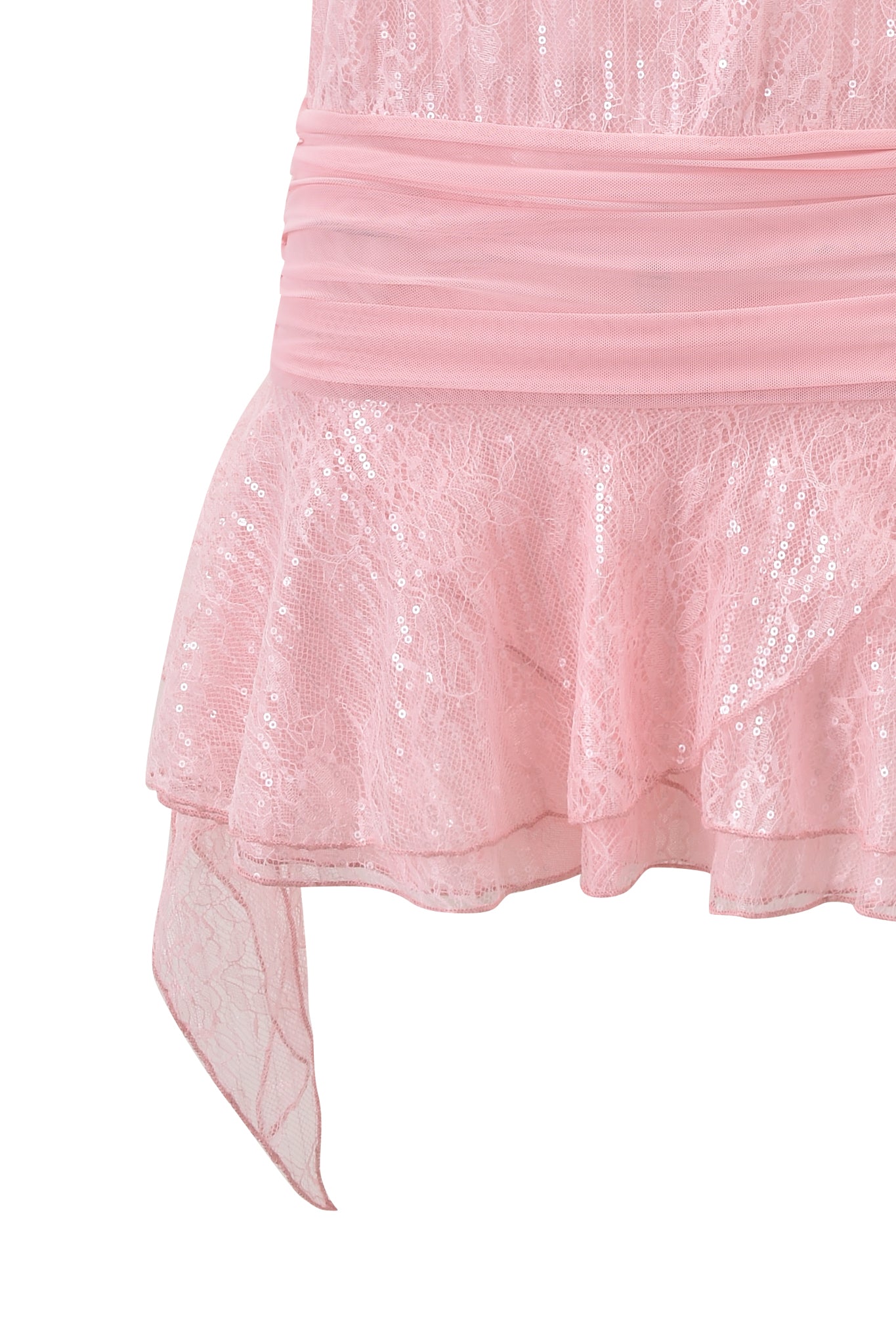 Close-up of the ARIA HALTER RUFFLE MINI DRESS in pink by I.AM.GIA, featuring a ruched waistband, tiered flare skirt, sequins, and an asymmetrical ruffled hem.