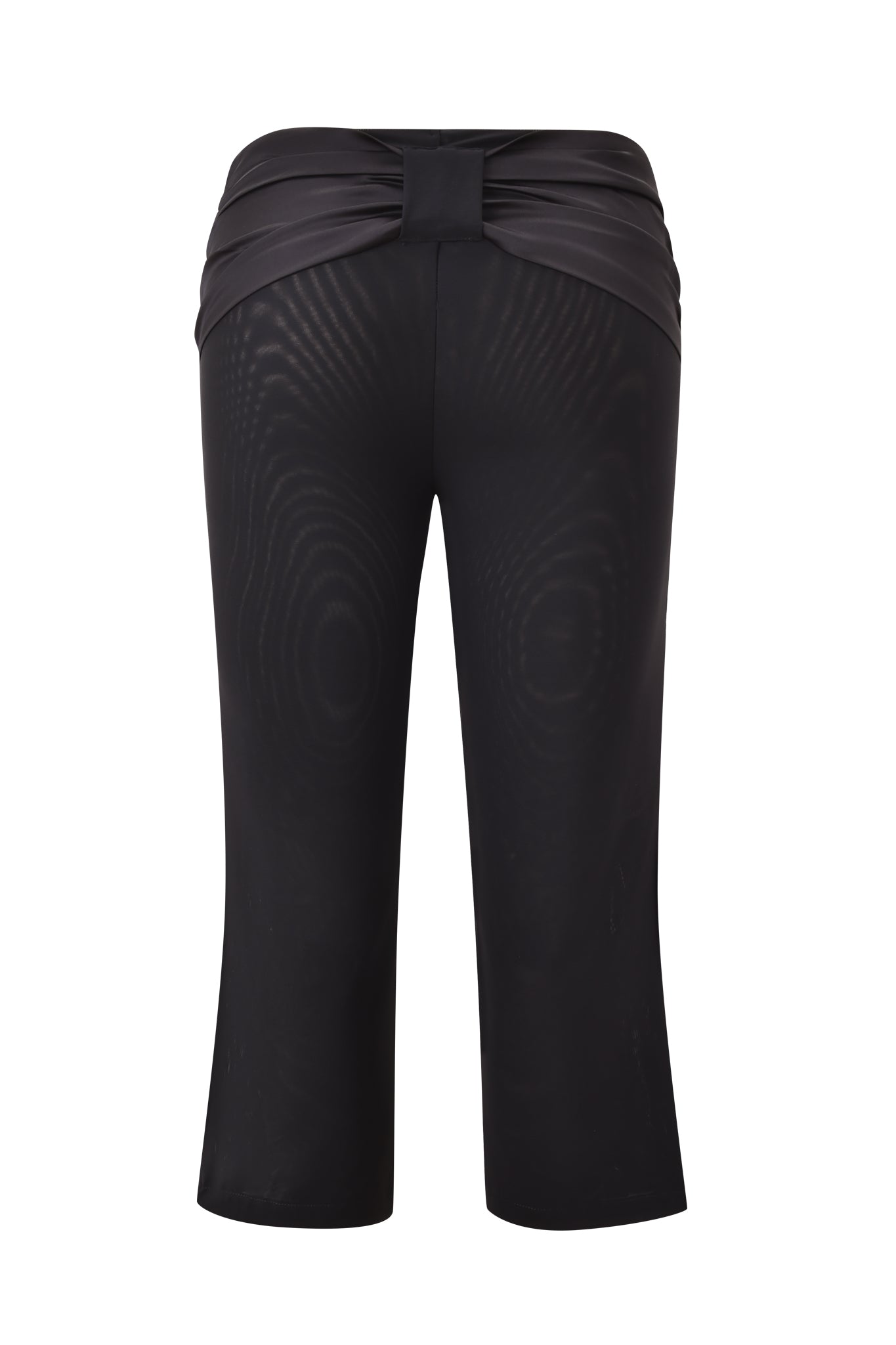 Back view of the LIVY CAPRI - BLACK by I.AM.GIA, featuring a wide mid-rise waist with ruched, twisted detail, mesh fabric, fitted silhouette, and slightly flared leg.