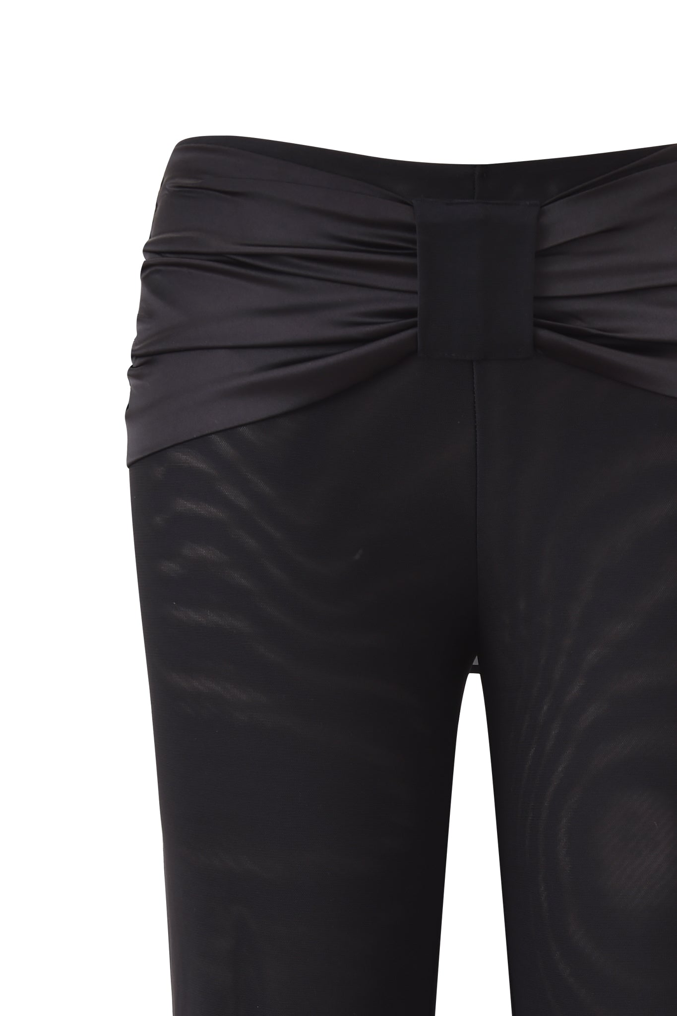 Close-up of the LIVY CAPRI - BLACK pants by I.AM.GIA, showcasing a mid-rise waist with a ruched, gathered waistband and wide rectangular front detail. The fabric is smooth and slightly shiny.