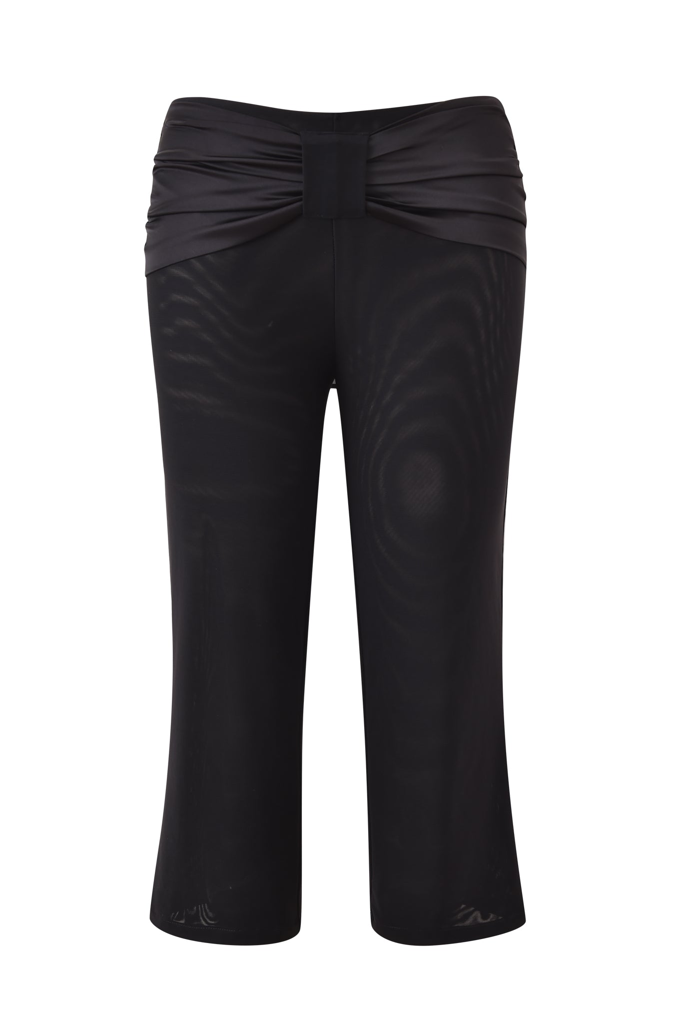The LIVY CAPRI - BLACK by I.AM.GIA are black mesh capri pants with a mid rise, wide waistband featuring a twisted knot detail at the front, crafted from slightly sheer fabric and displayed on a white background.