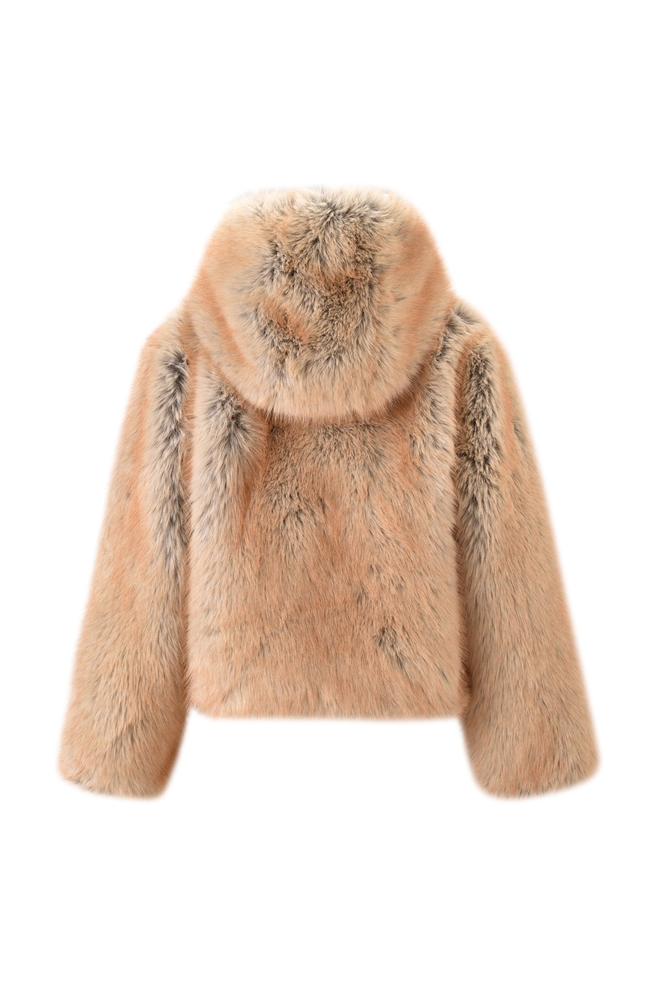 The I.AM.GIA EVEREST REVERSIBLE JACKET in brown is a light brown faux fur jacket featuring an oversized hood, long sleeves, and a fluffy texture, shown from the back against a white background.