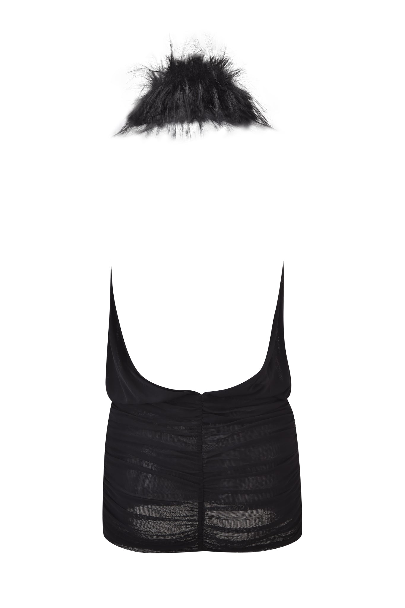 The YARA MINI DRESS in black by I.AM.GIA features a sheer, sleeveless halter design with a low back and a fuzzy faux fur collar, shown against a white background.