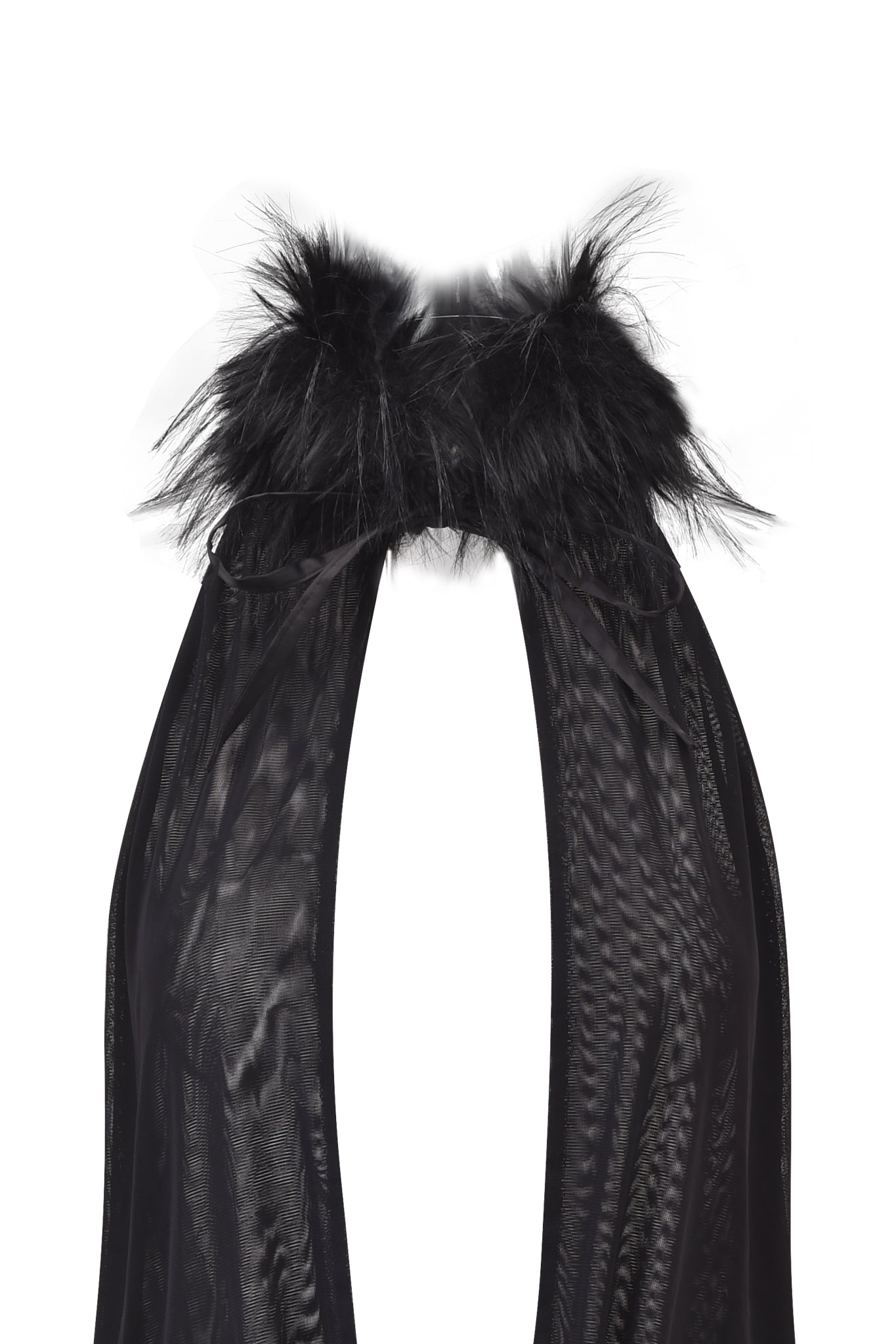 A close-up of the I.AM.GIA YARA MINI DRESS in black, featuring a sheer fabric and a feathery faux fur collar, styled open-front against a white background.