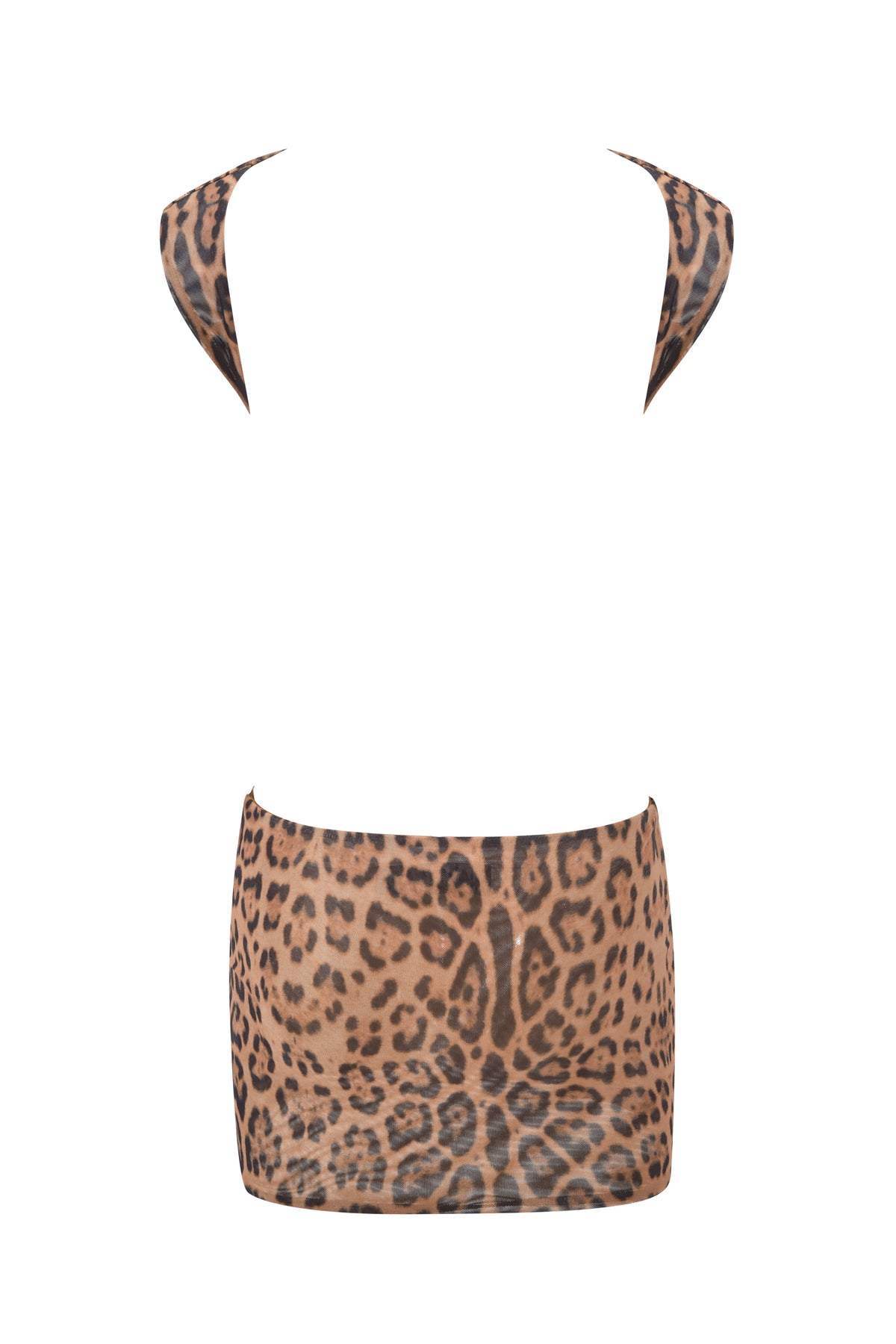 The CORALINE MINI DRESS - PANTHERA by I.AM.GIA is a bold brown and black animal print mini dress, reminiscent of an eye-catching two-piece set, displayed on a white background.