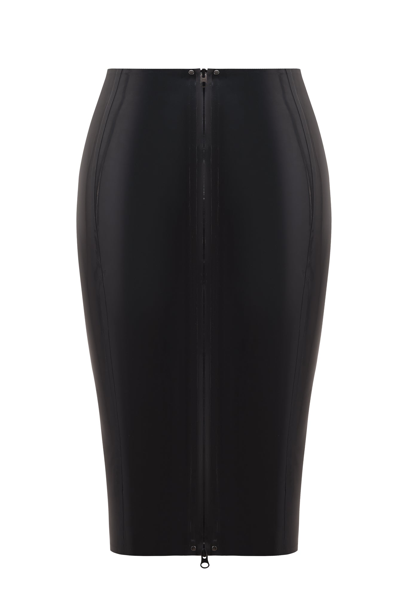 The BUFFY LATEX MIDI SKIRT - BLACK by I.AM.GIA is a high-waisted, fitted black latex skirt featuring a visible front-center zipper, sleek streamlined silhouette, and smooth high-gloss finish.